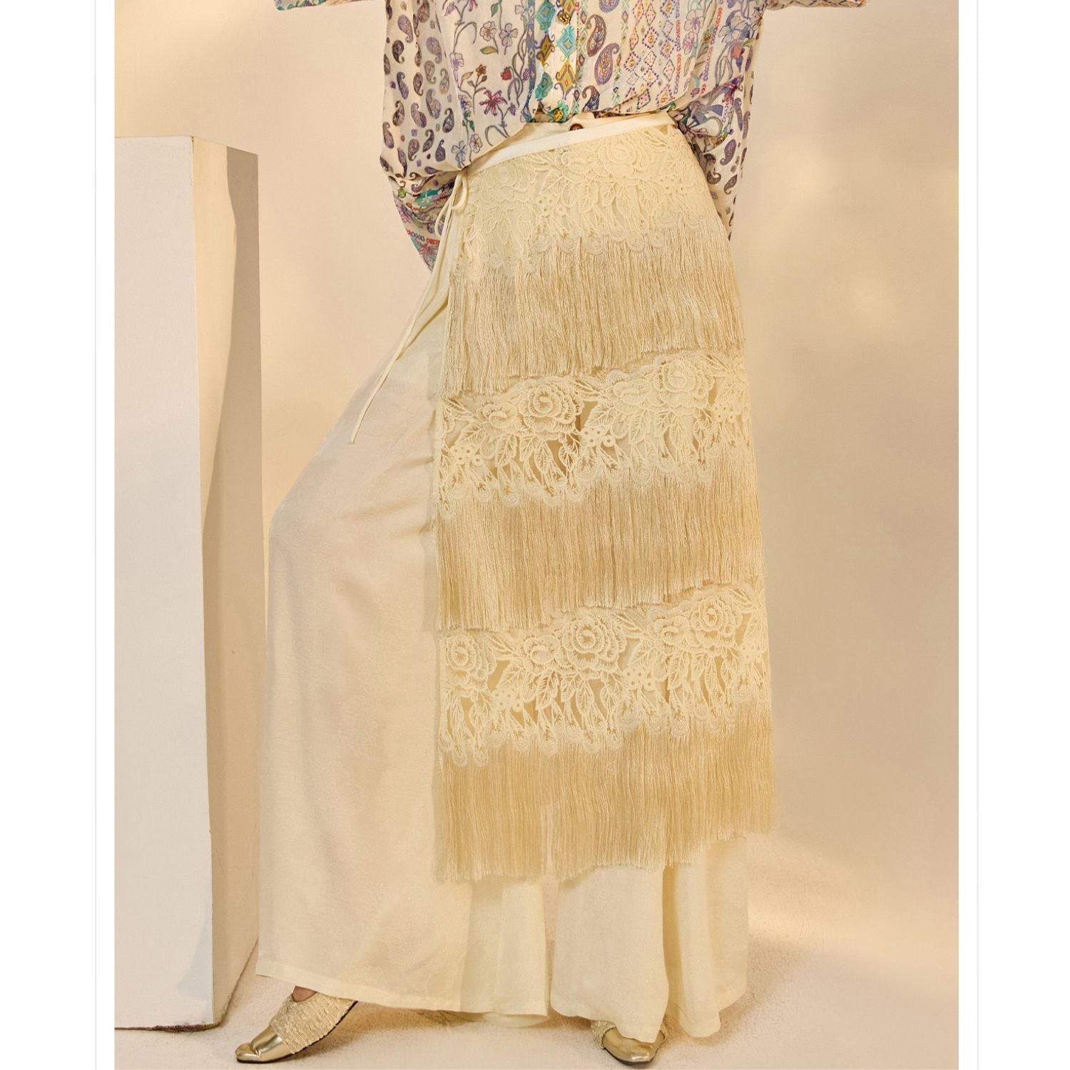 Poetic Embroidery White Tassel Outer Layer Floral Patchwork Midi Skirt Dress