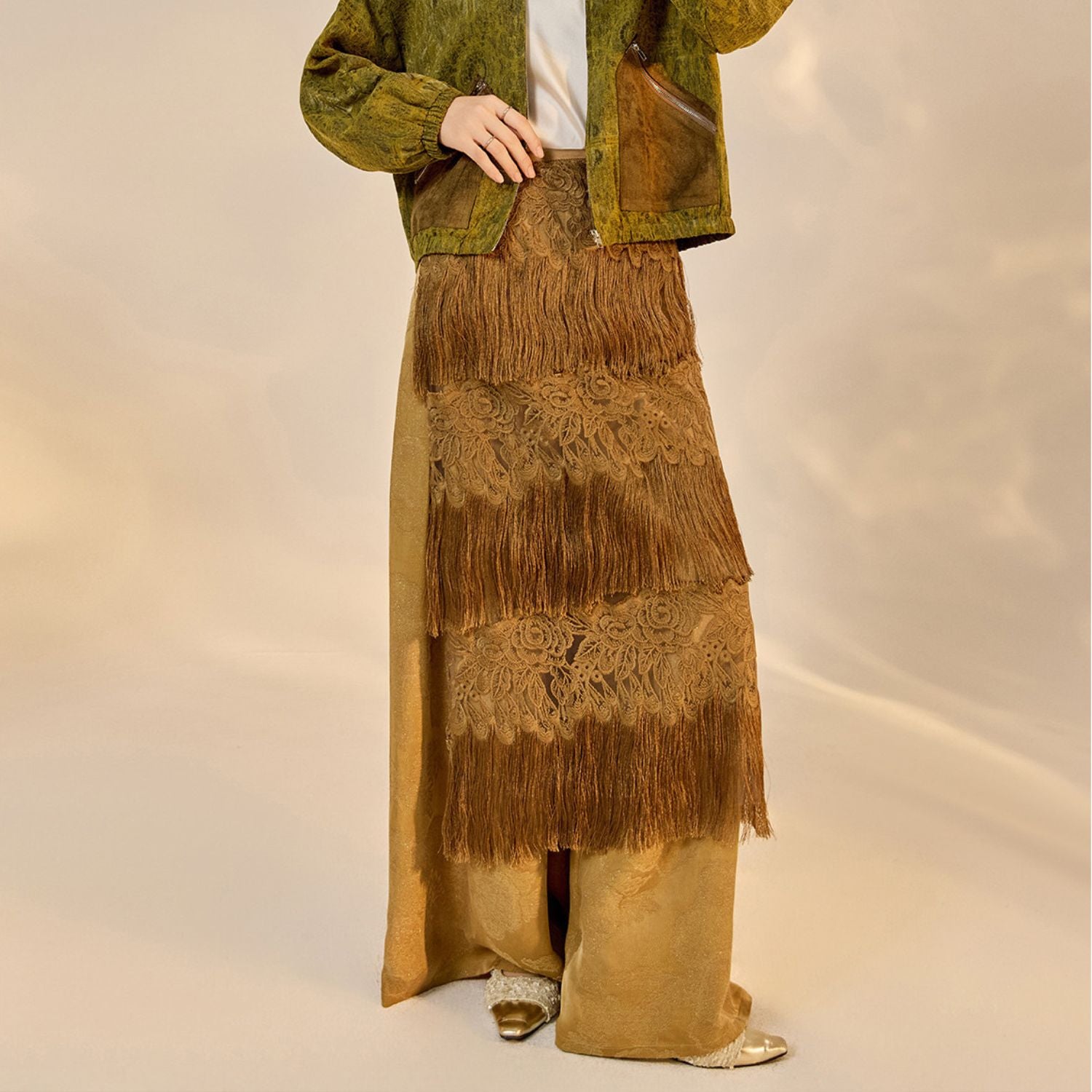 Poetic Embroidery Brown Tassel Outer Layer Floral Patchwork Midi Skirt Dress