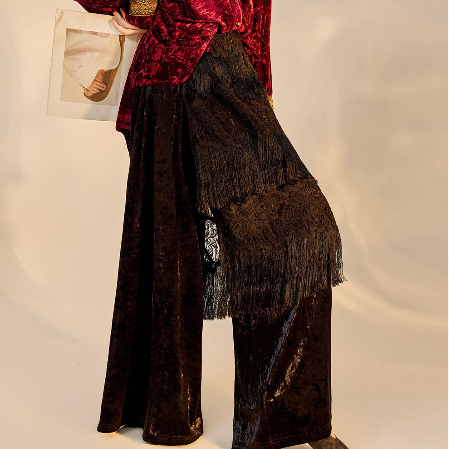 Poetic Embroidery Black  Tassel Outer Layer Floral Patchwork Midi Skirt Dress