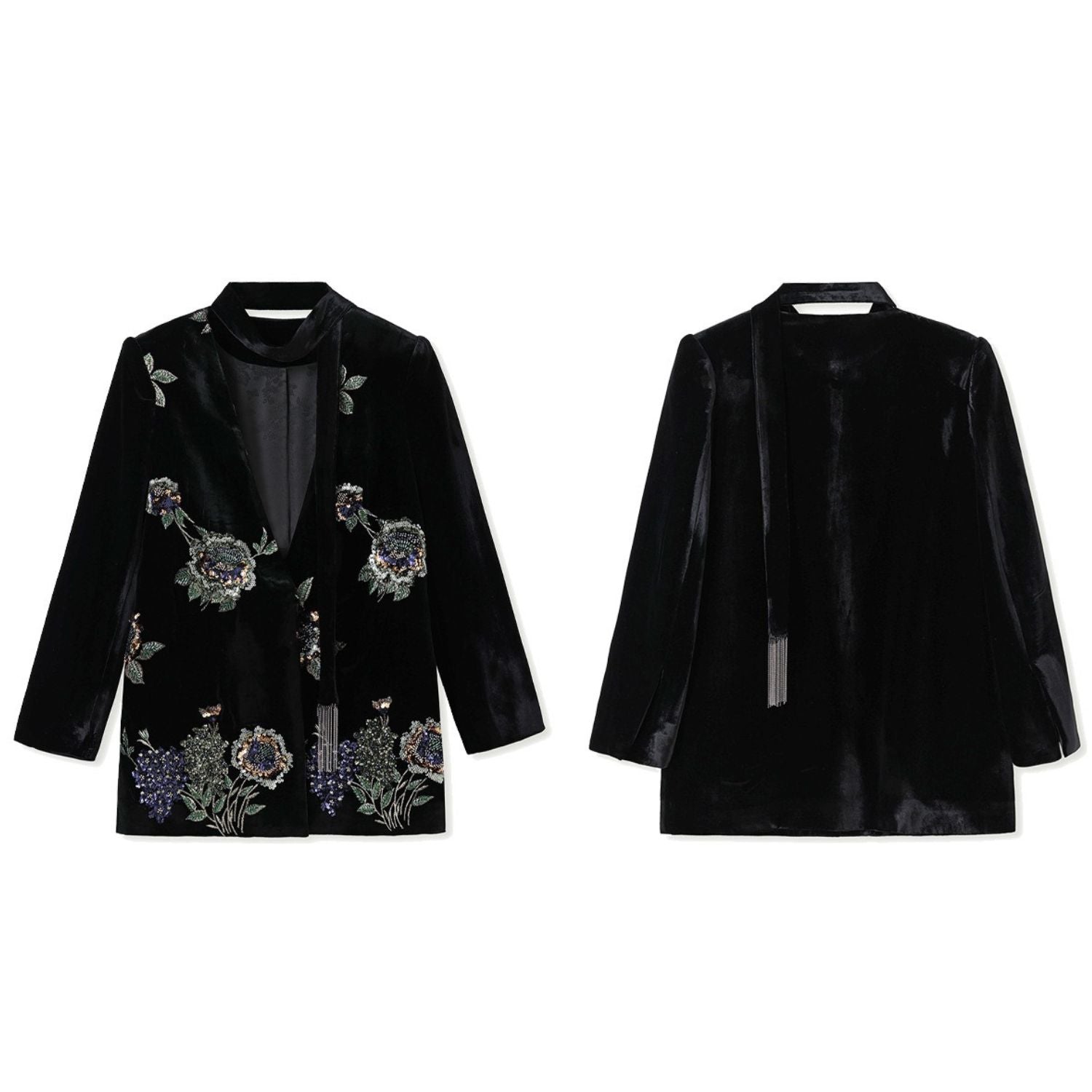 Embroidery Flowers Black Mulberry Silk Velvet Jacket Suit Top
