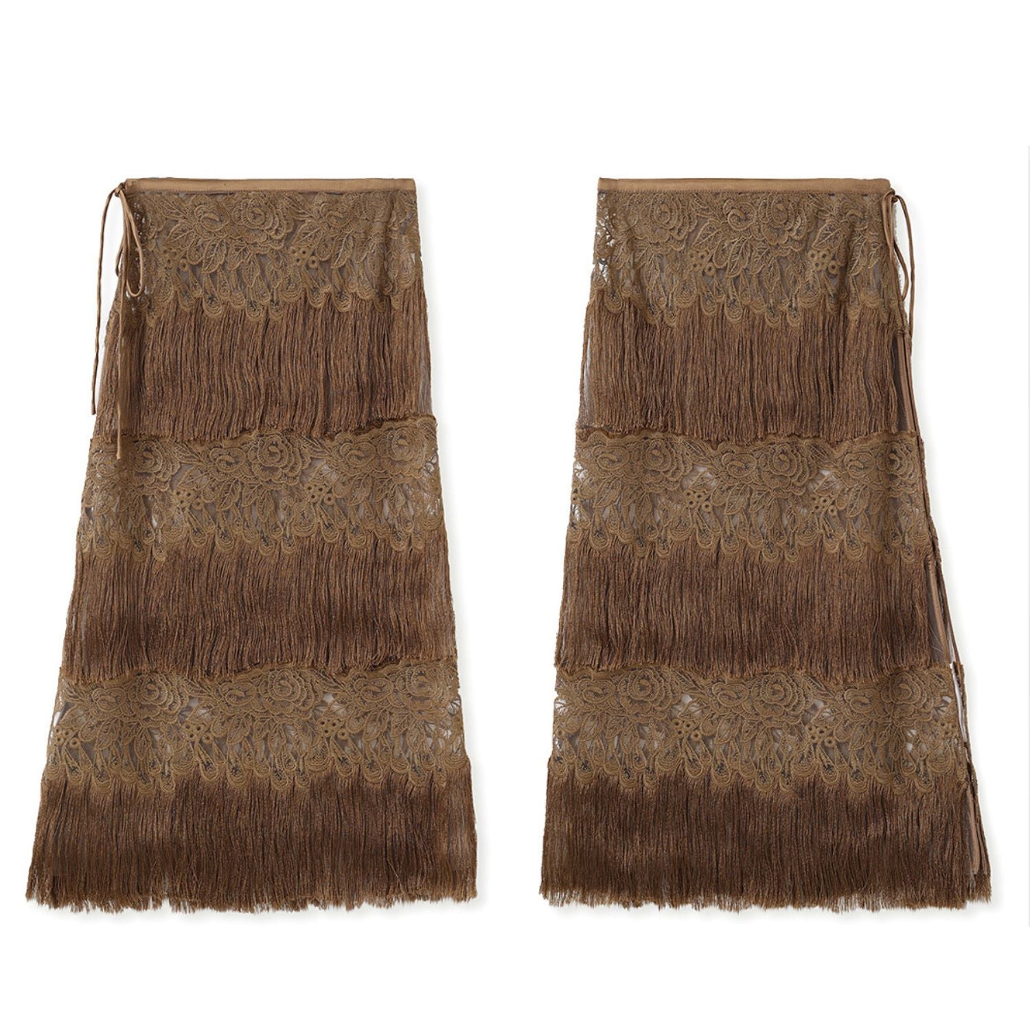 Poetic Embroidery Brown Tassel Outer Layer Floral Patchwork Midi Skirt Dress