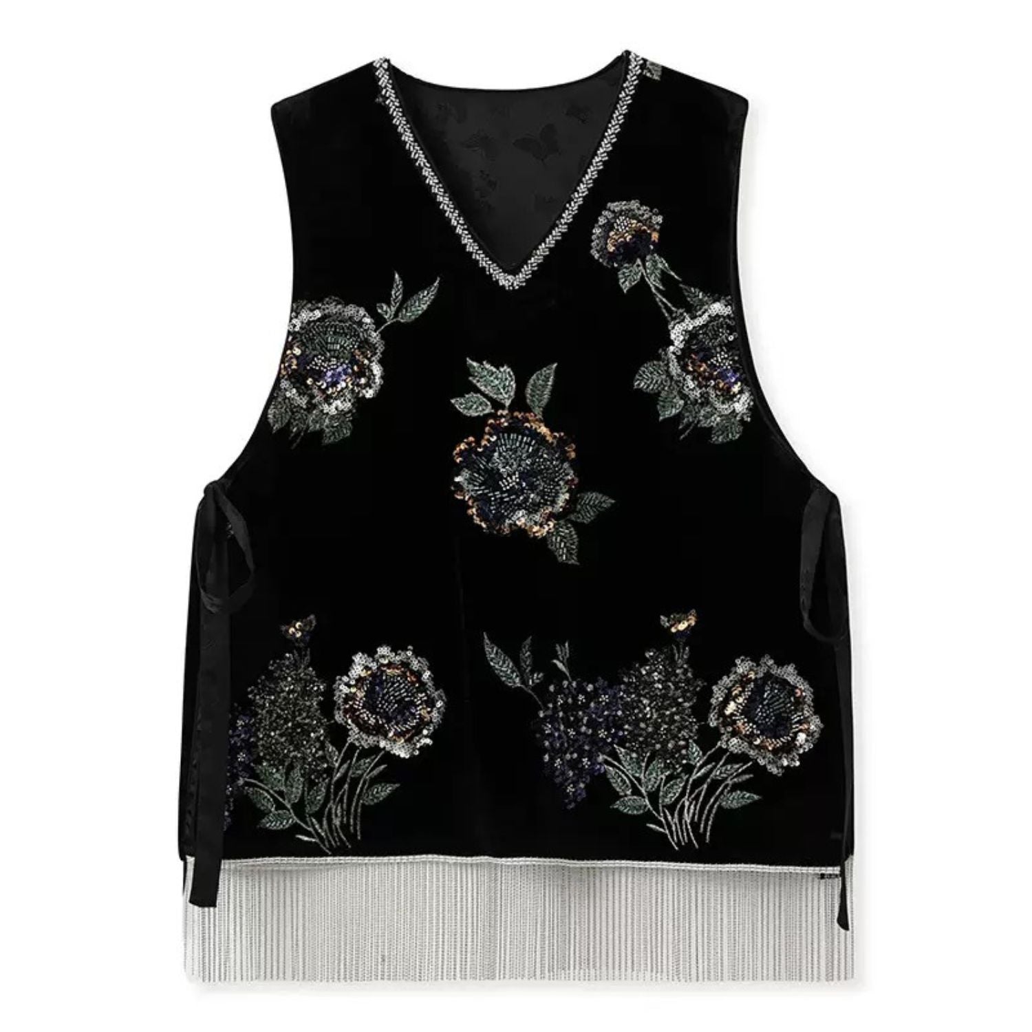 Embroidery Flowers Black Velvet Vest Pullover
