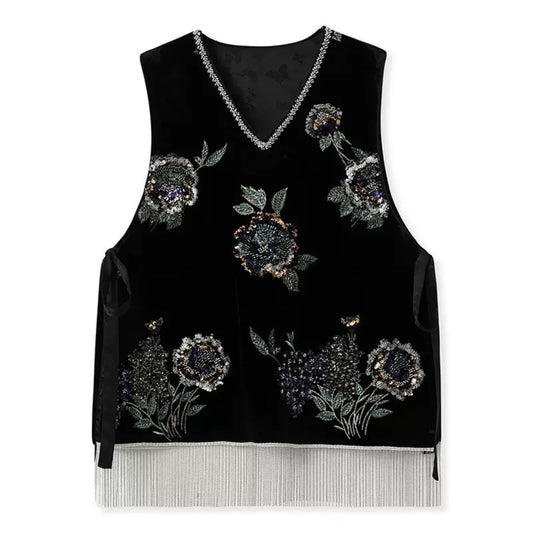 Embroidery Flowers Black Velvet Vest Pullover