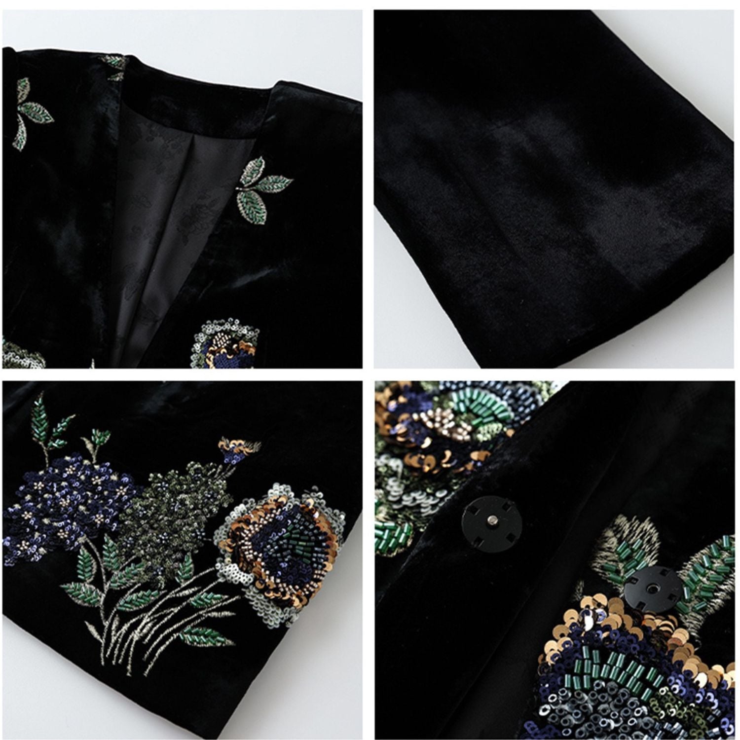 Embroidery Flowers Black Mulberry Silk Velvet Jacket Suit Top