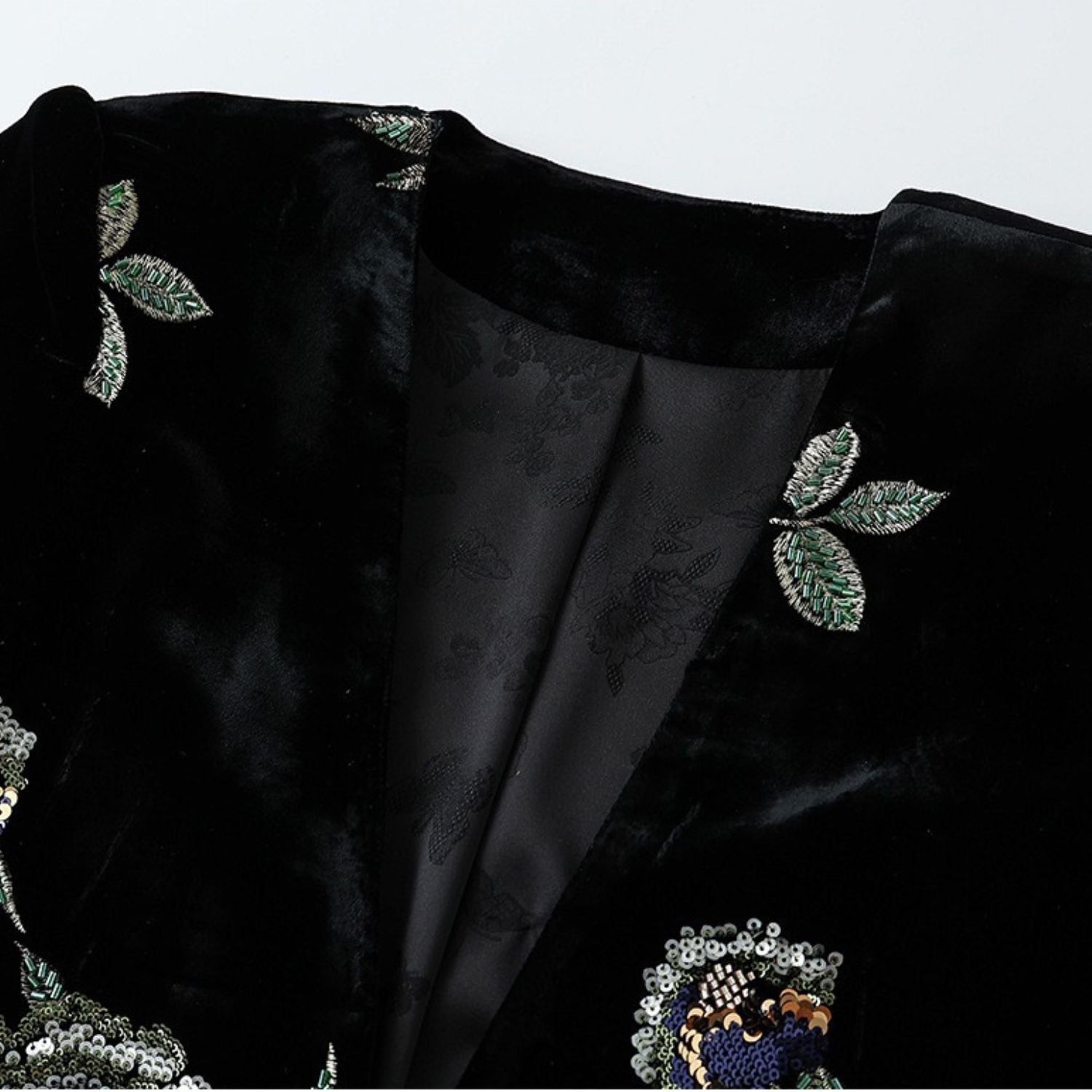 Embroidery Flowers Black Mulberry Silk Velvet Jacket Suit Top