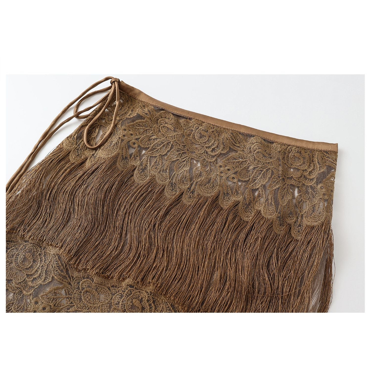 Poetic Embroidery Brown Tassel Outer Layer Floral Patchwork Short Skirt