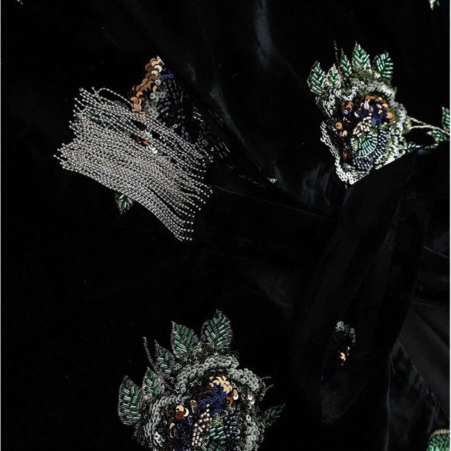 Embroidery Flowers Black Mulberry Silk Velvet Jacket Suit Top