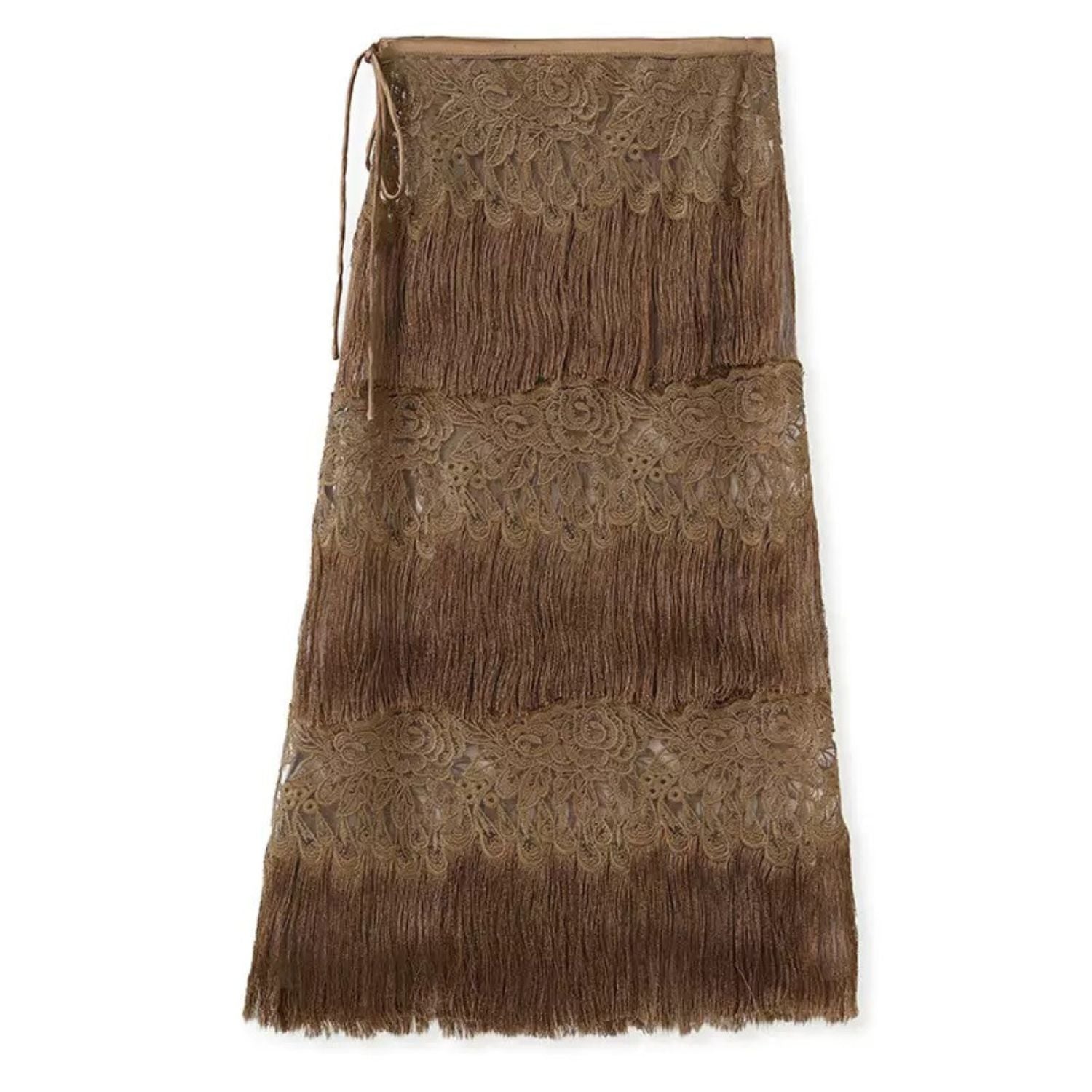 Poetic Embroidery Brown Tassel Outer Layer Floral Patchwork Midi Skirt Dress