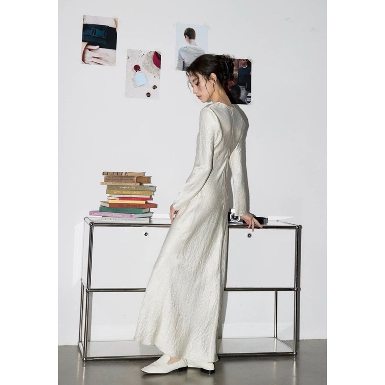 Timeless Chic Long Dress Long Sleeve Wrinkled Evening Dress Glamour White