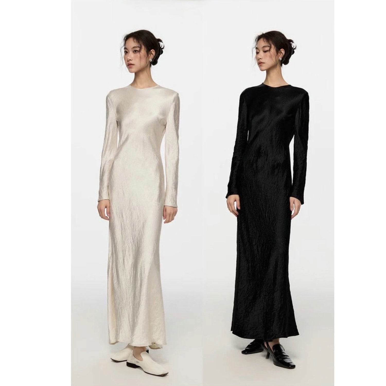 Timeless Chic Long Dress Long Sleeve Wrinkled Evening Dress Glamour White