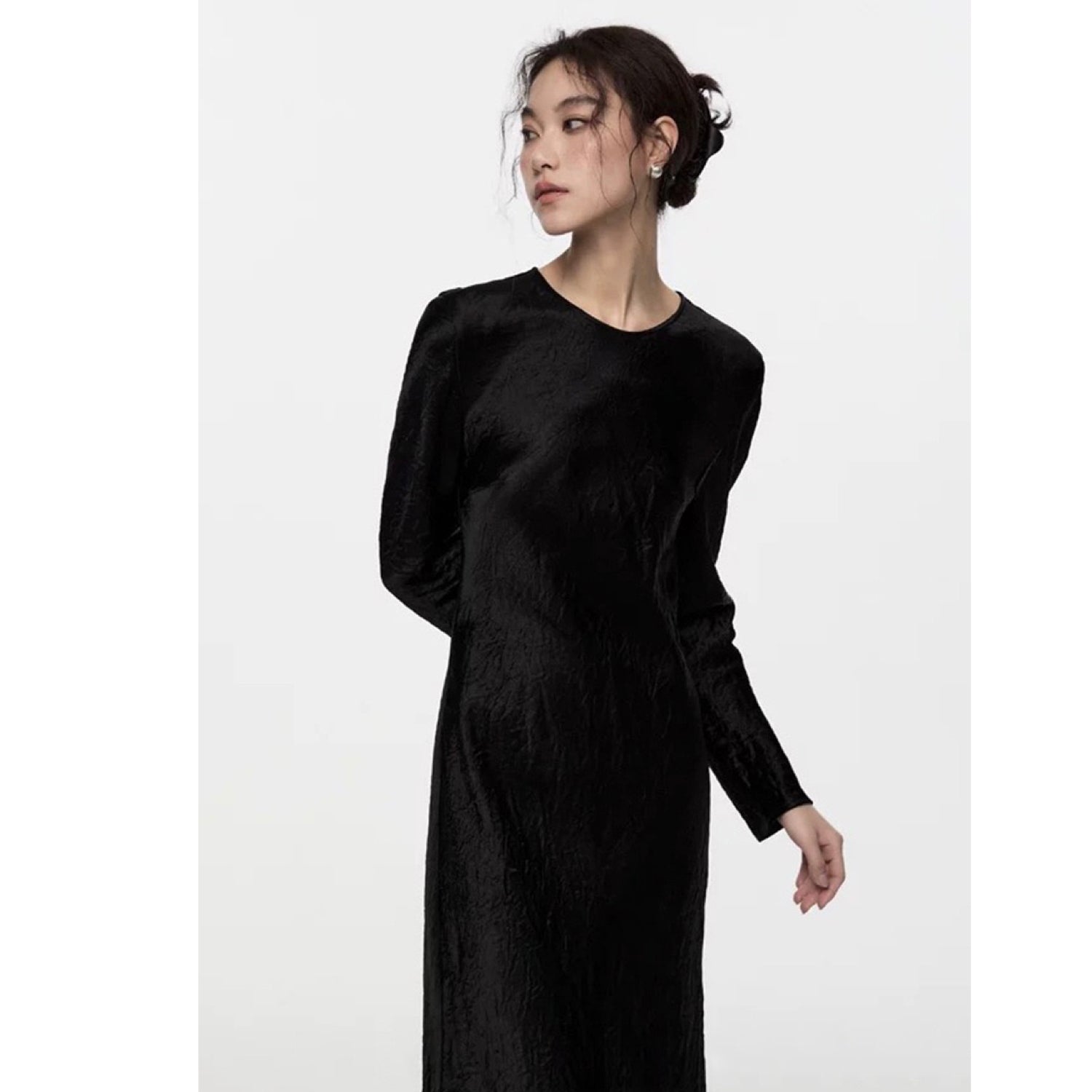 Timeless Chic Long Dress Long Sleeve Wrinkled Evening Dress Glamour Black