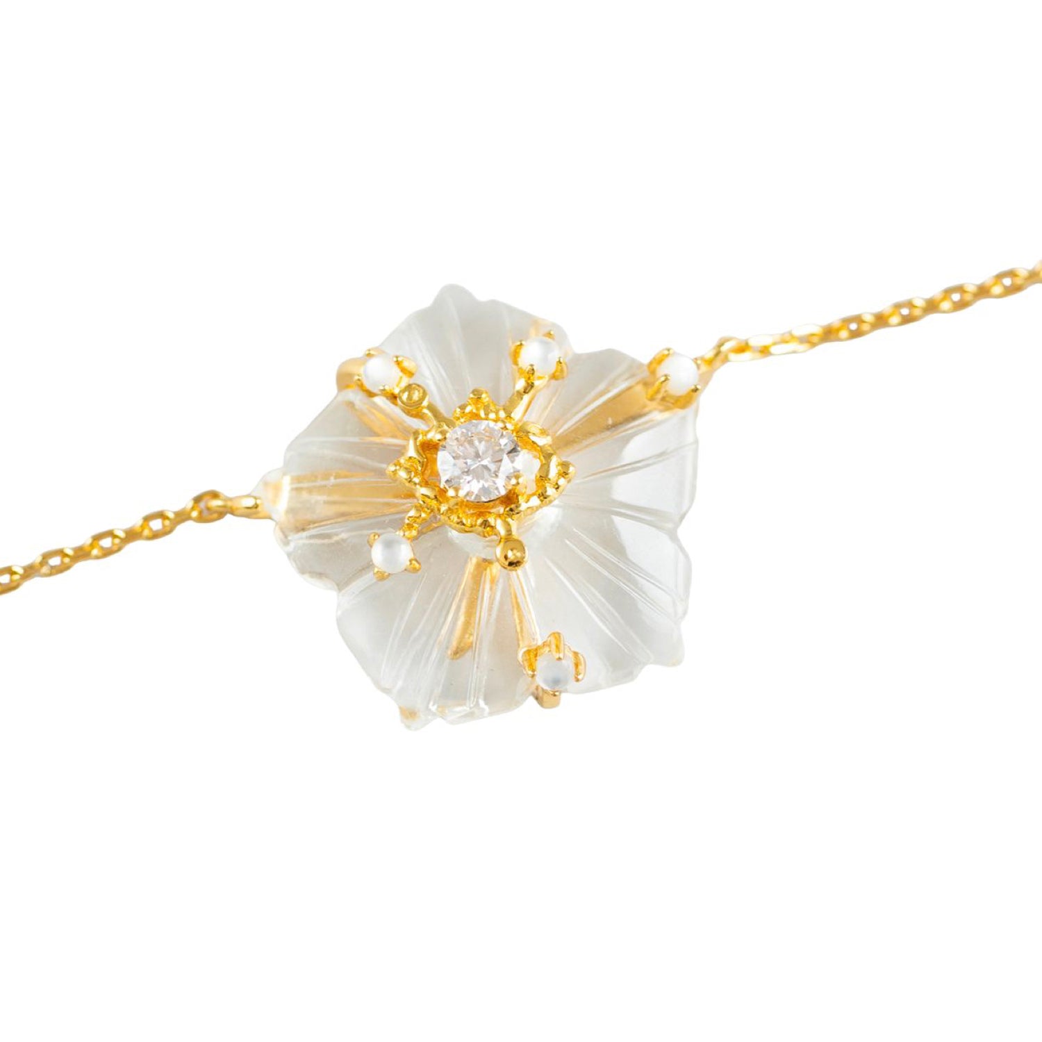 Dewdrop Bloom Floria Diamond Engraved White Crystal Mother of Pearl Adjustable Bracelet