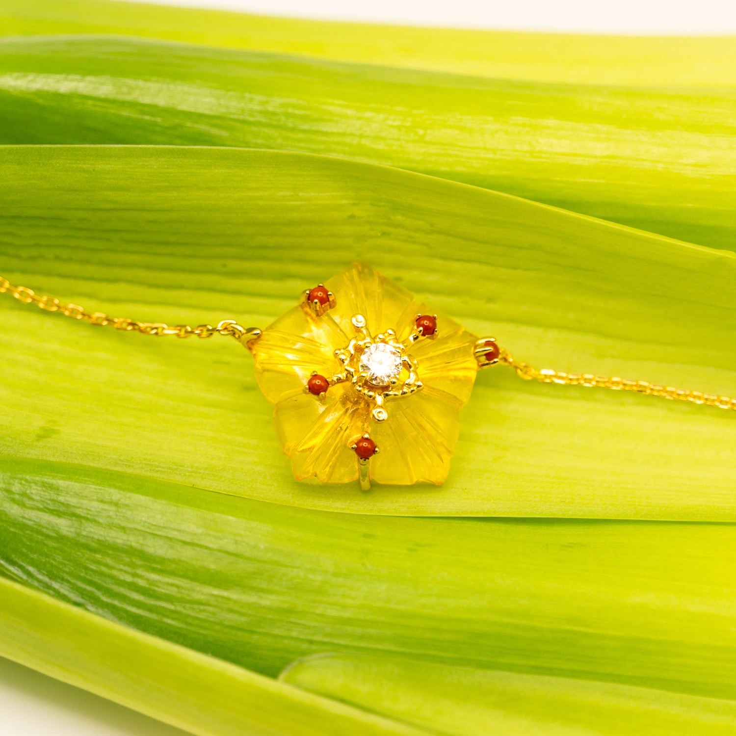 Dewdrop Bloom Floria Diamond Engraved Yellow Citrine Agate Adjustable Bracelet