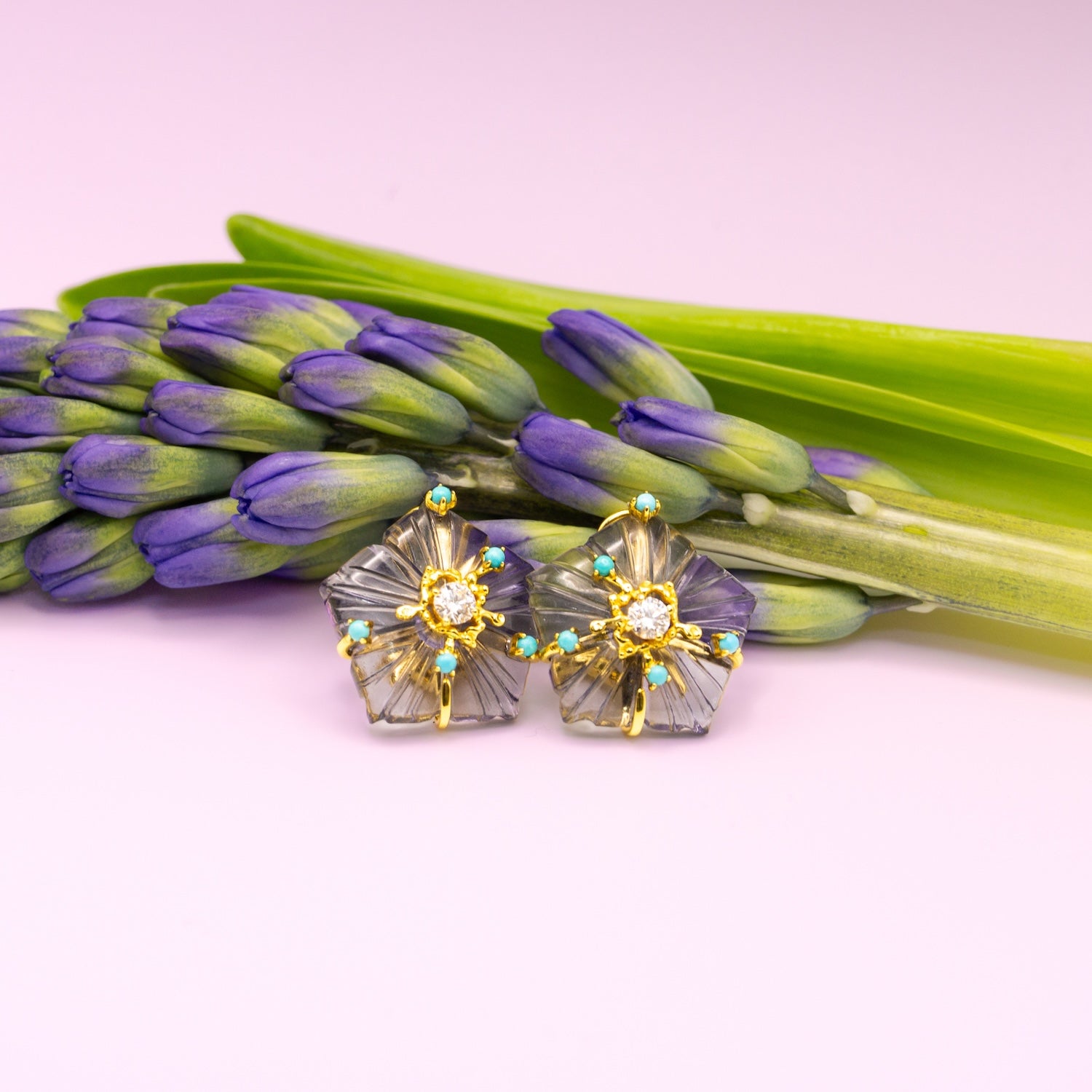 Dewdrop Bloom Floria Diamond Engraved Crystal Turquoise Amethyst Earring