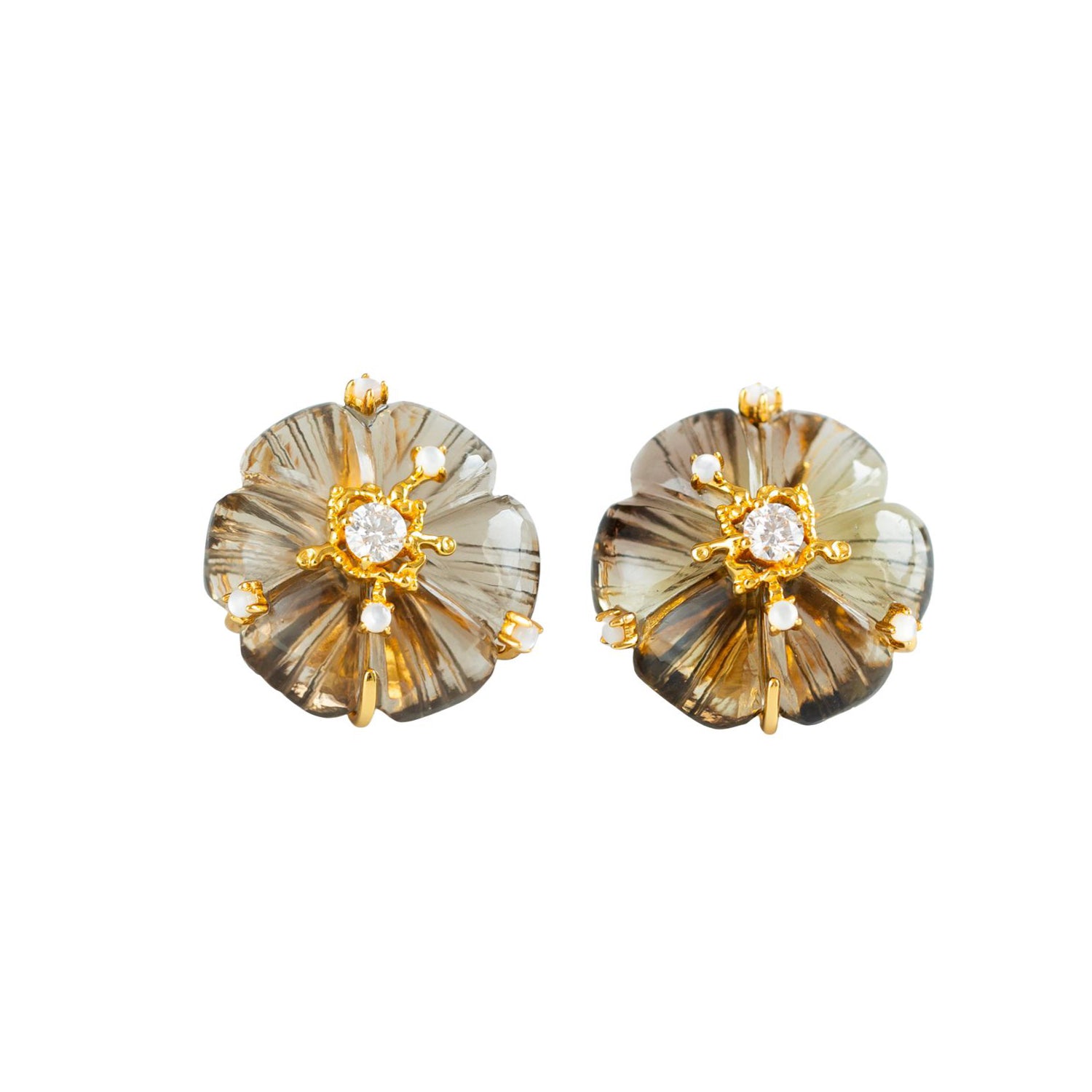 Dewdrop Bloom Floria Diamond Engraved Smoke Crystal Earring Mother of Pearl