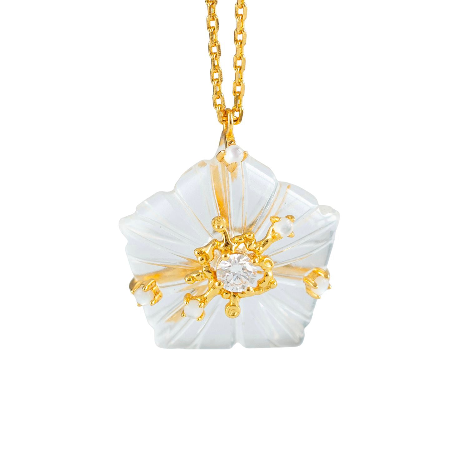 Dewdrop Bloom Floria Diamond Engraved White Crystal Pendent Adjustable Necklace Mother of Pearl