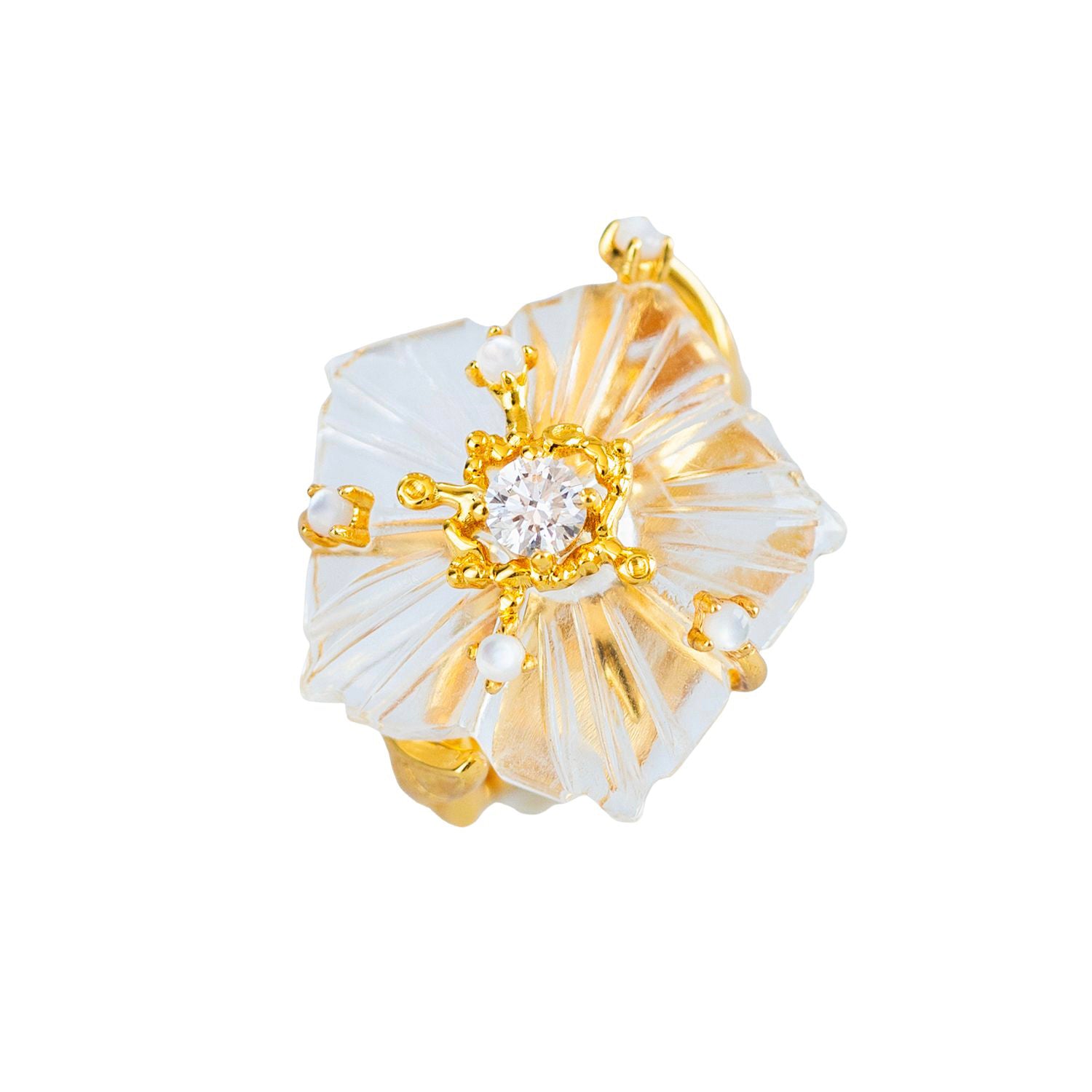 Dewdrop Bloom Floria Diamond Engraved White Crystal Adjustable Ring Mother of Pearl
