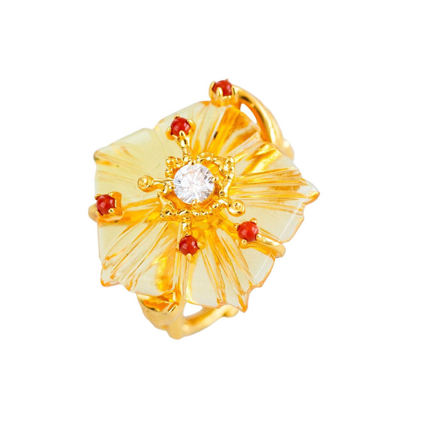 Dewdrop Bloom Floria Diamond Engraved Citrine Agate Adjustable Ring Yellow