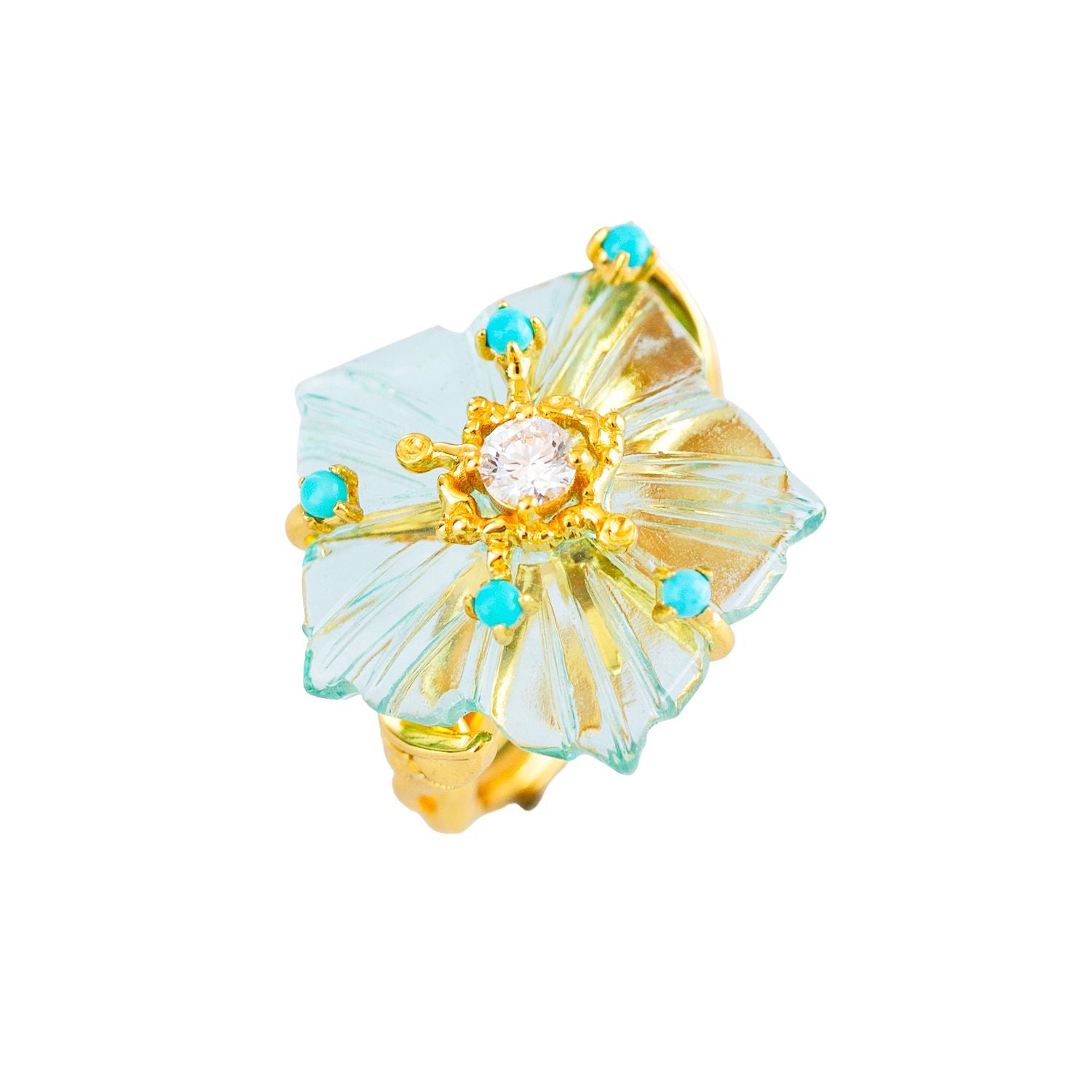 Dewdrop Bloom Floria Diamond Engraved Blue Topaz Turquoise Adjustable Ring