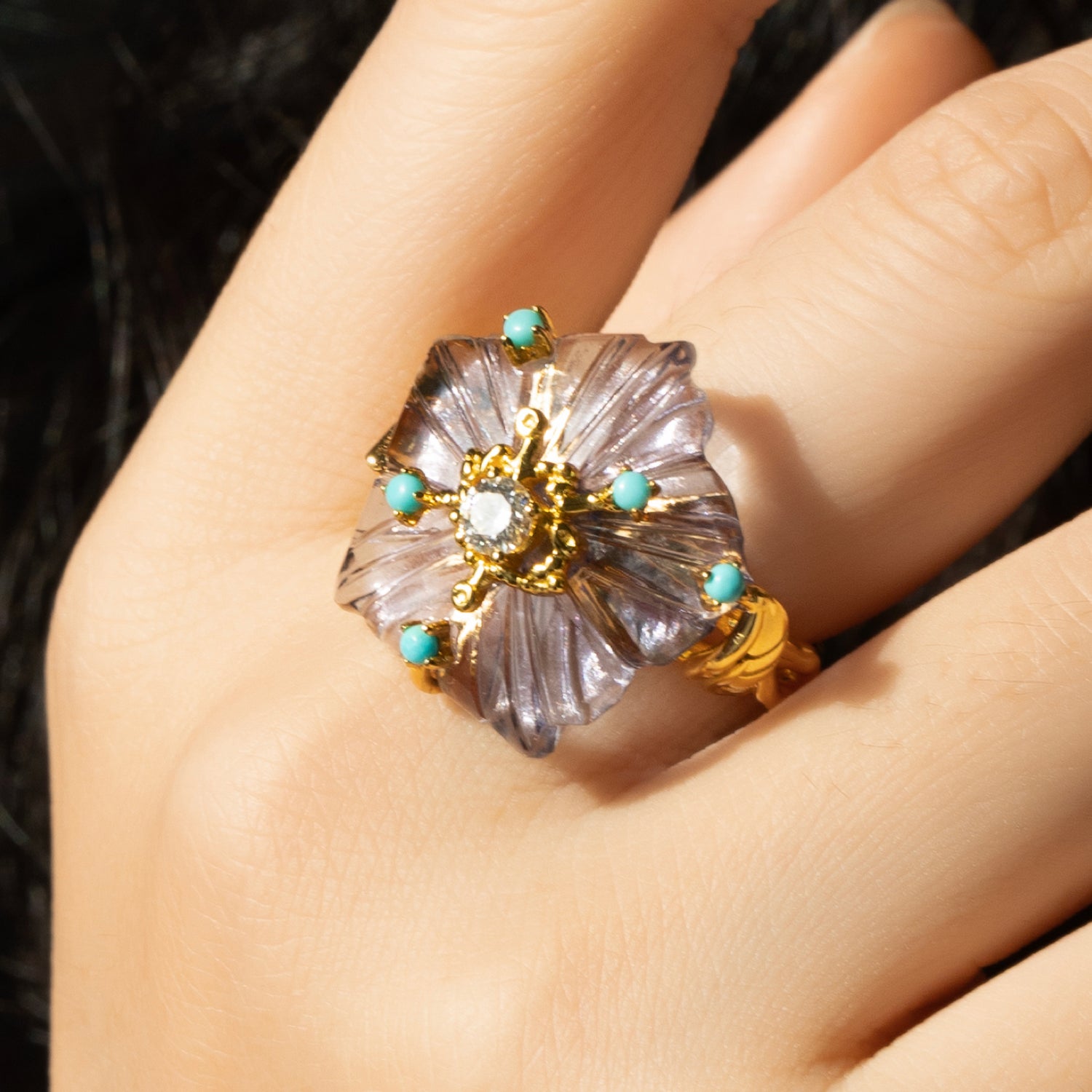 Dewdrop Bloom Floria Diamond Engraved Amethyst Crystal Turquoise Adjustable Bracelet