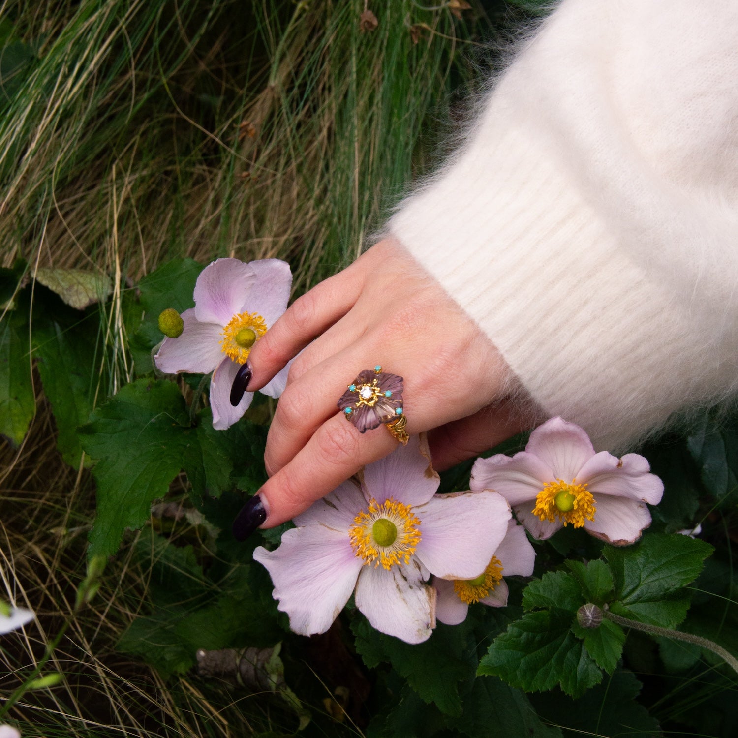 Dewdrop Bloom Floria Diamond Engraved Amethyst Crystal Turquoise Adjustable Bracelet