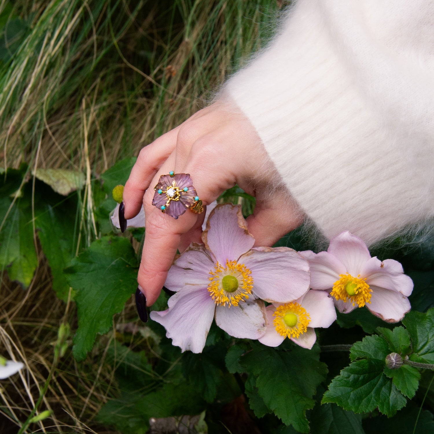 Dewdrop Bloom Floria Diamond Engraved Amethyst Crystal Turquoise Adjustable Bracelet