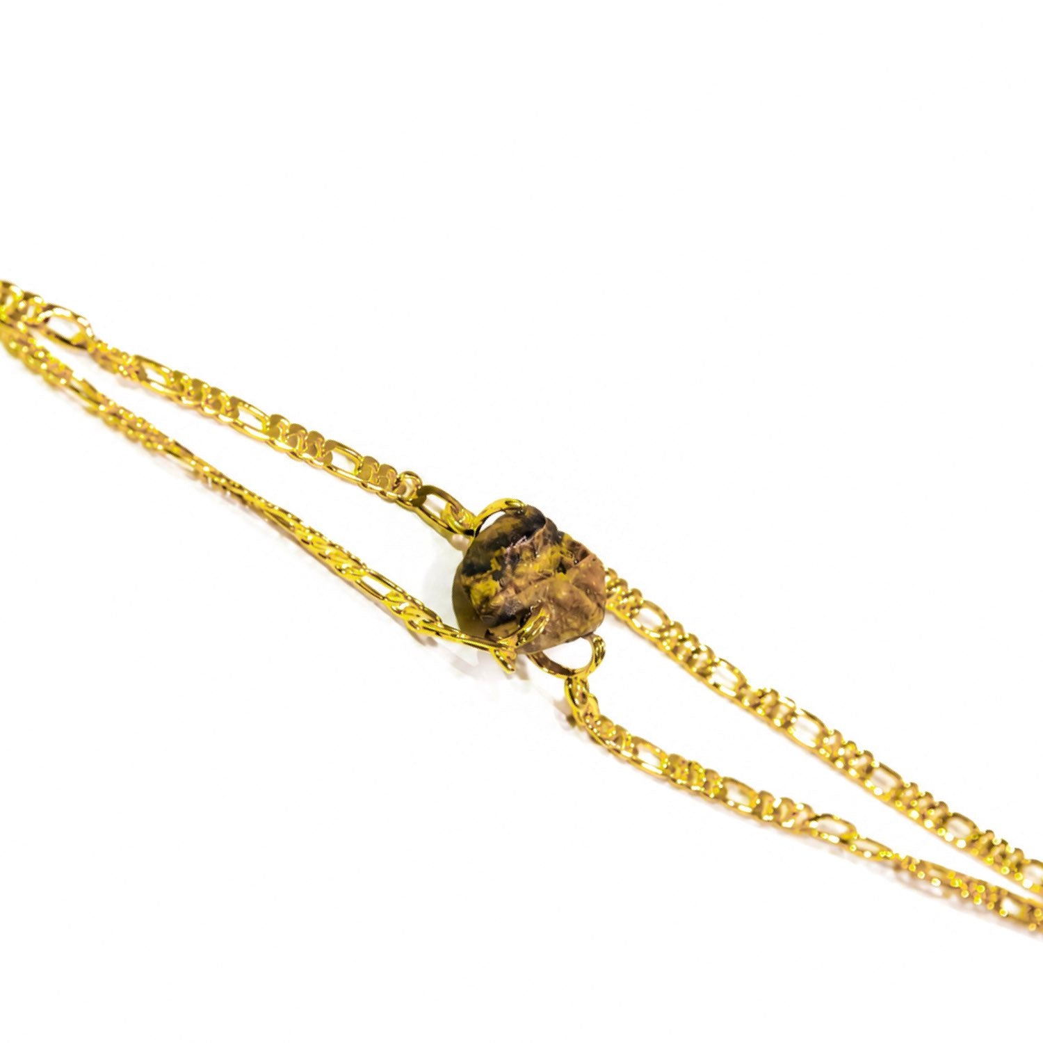 A delicate Elemental Rose Tiger’s Eye Bracelet  featuring a central, irregular natural brown stone pendant by wjy studio