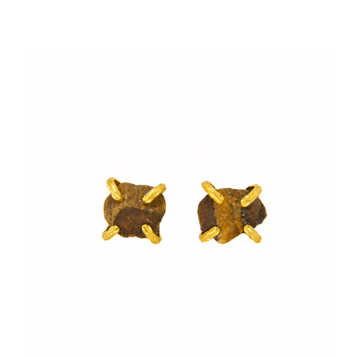A pair of Elemental Birth Natural Tiger’s Eyes Stud Earrings by WJY Studio with textured, organic-shaped brown and gold inlays, shown on a plain white background.