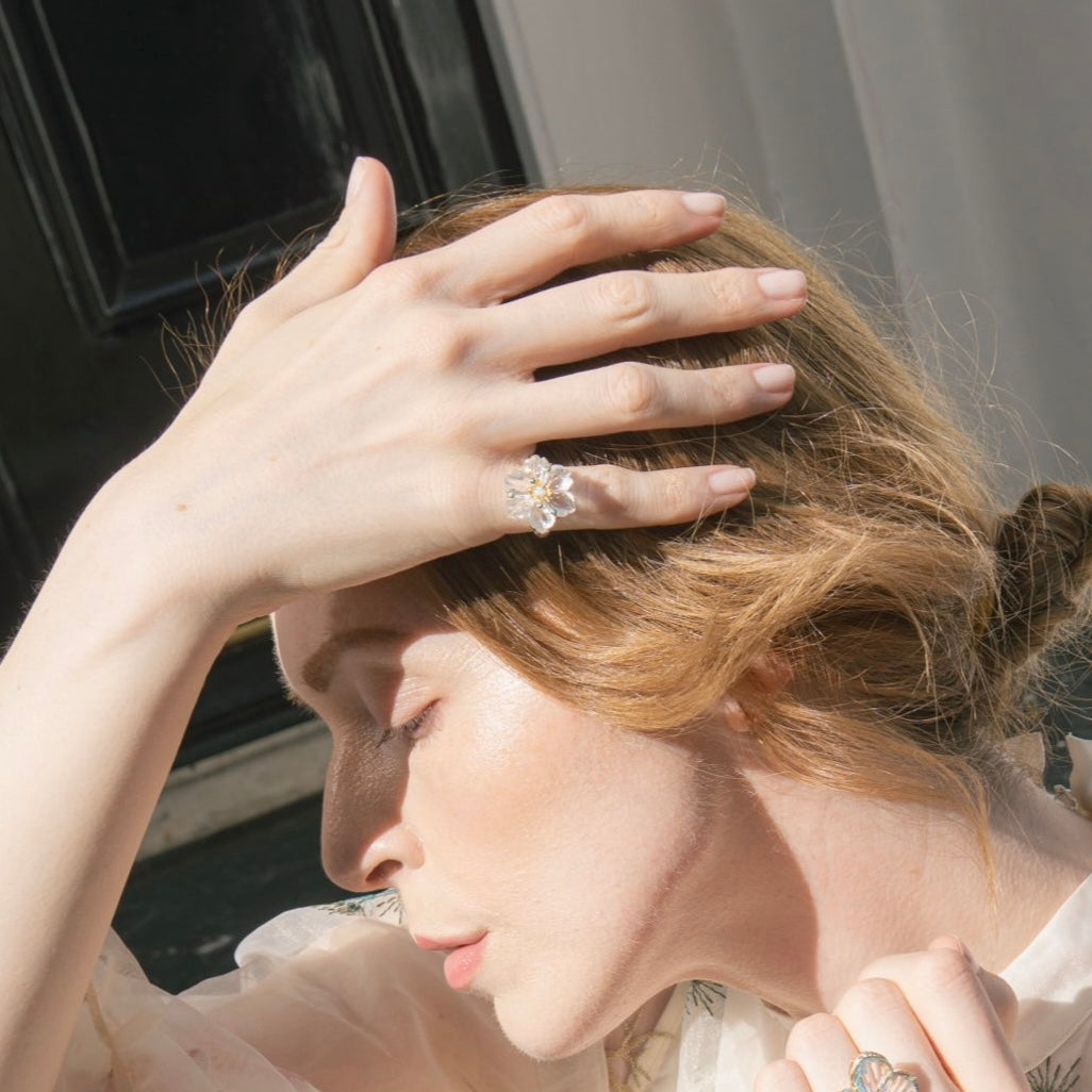 Bloom Flower Handcrafted White Crystal Adjustable Rings for Girlfriend Gift