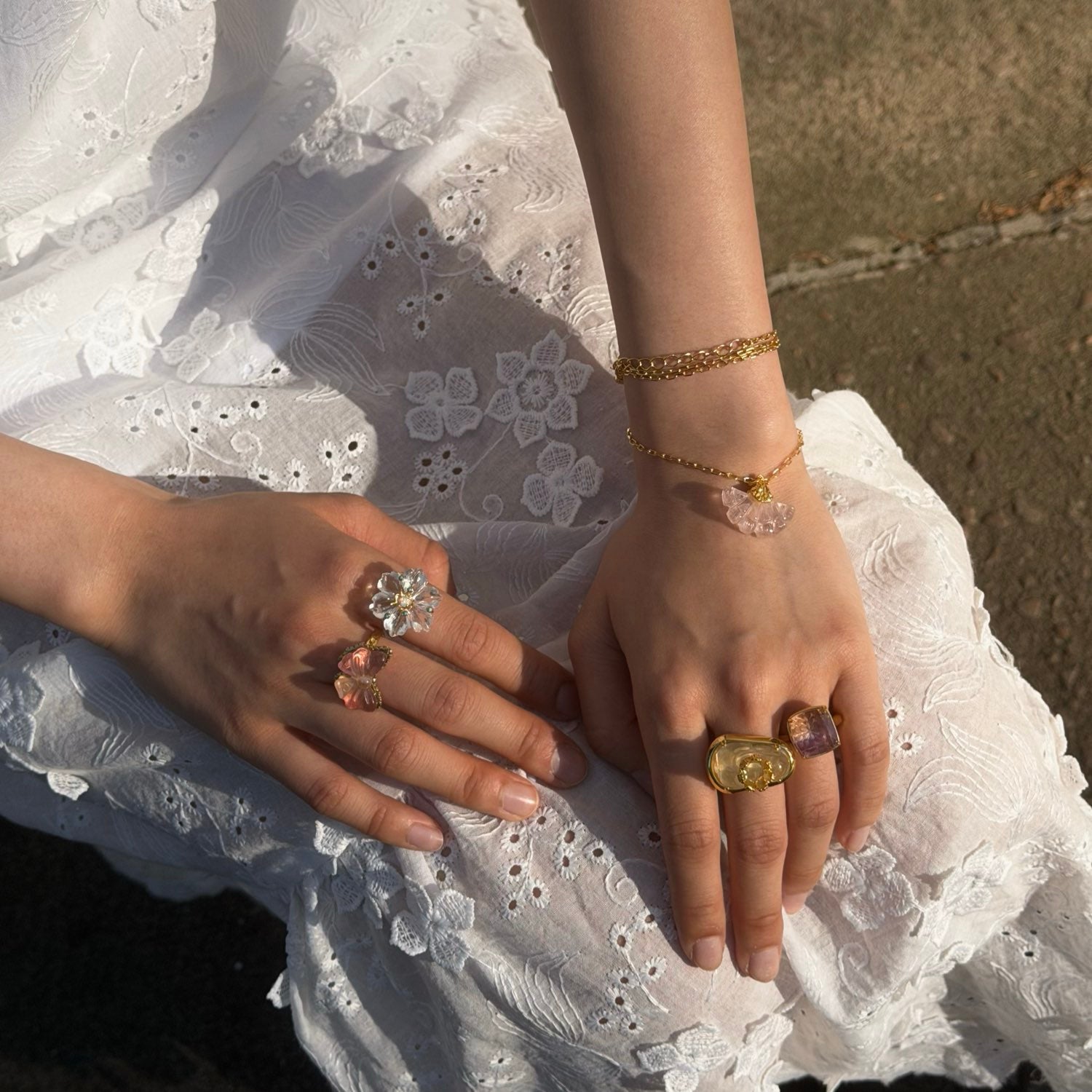 Bloom Flower Handcrafted White Crystal Adjustable Rings for Girlfriend Gift