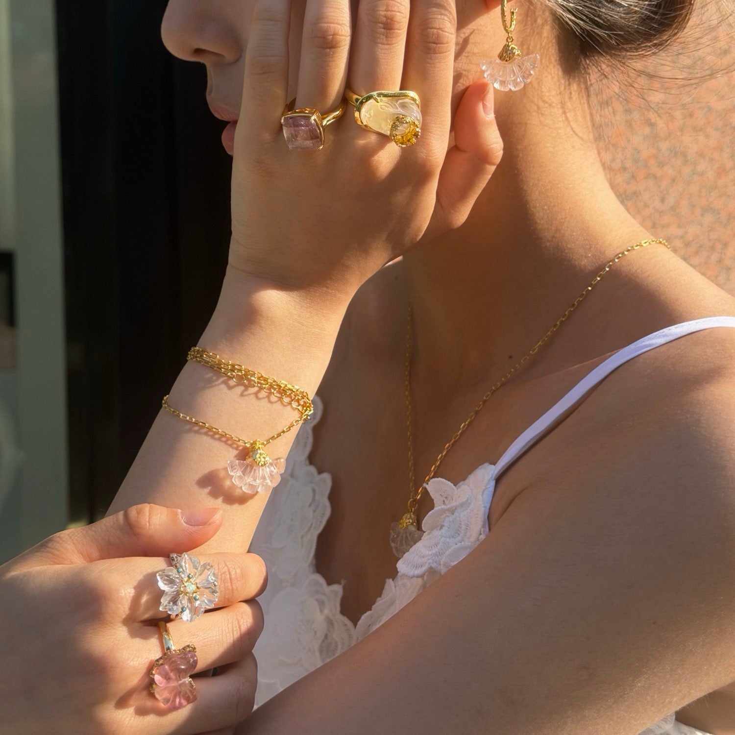 Bloom Flower Handcrafted White Crystal Adjustable Rings for Girlfriend Gift