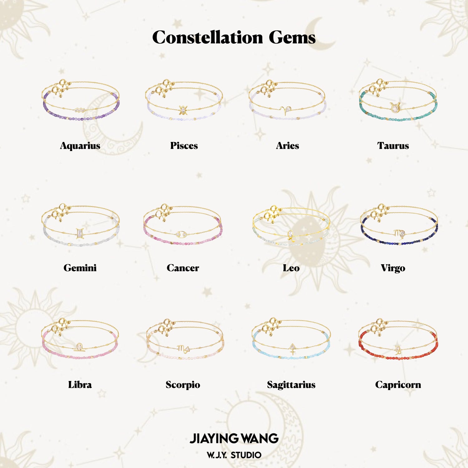 Constellation-themed jewelry set with zodiac signs on a light background, for Constellation Gemini Zodiac Bracelet – Natural Crystal Adjustable | June Birthstone Jewelry 'JIAYING WANG'. WJY studio