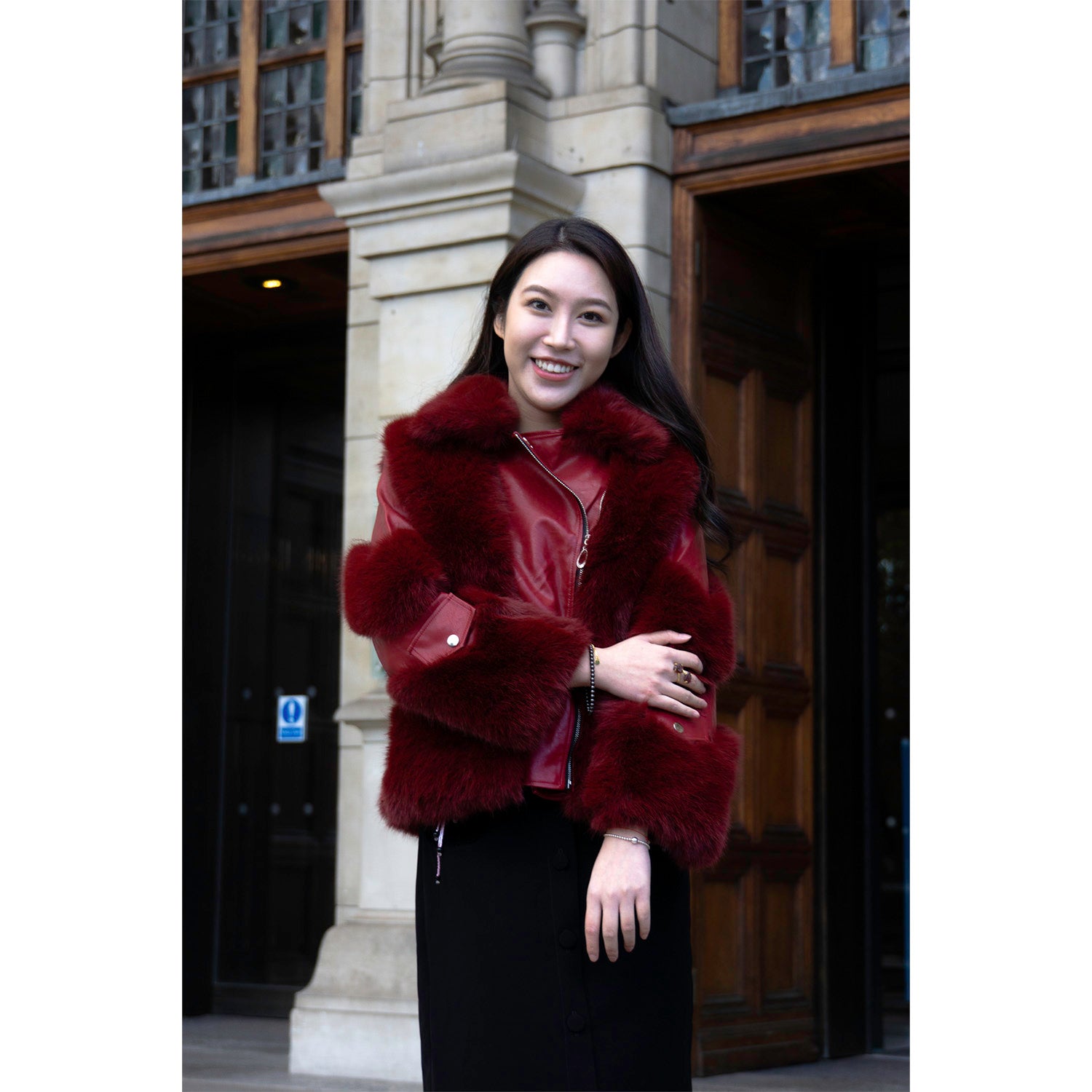 Eco-friendly Red Jacket Coat Faux Fur Leather  Zipper