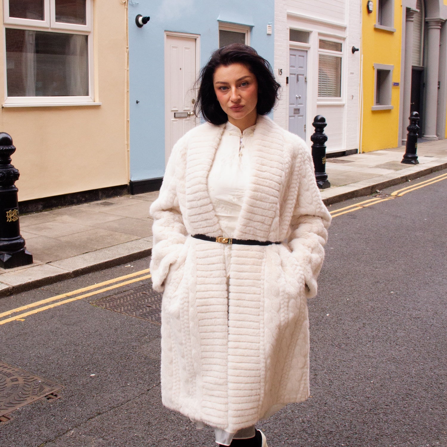 Galaxy Super Soft White Coat Jacket  Eco-friendly Fur with Belt