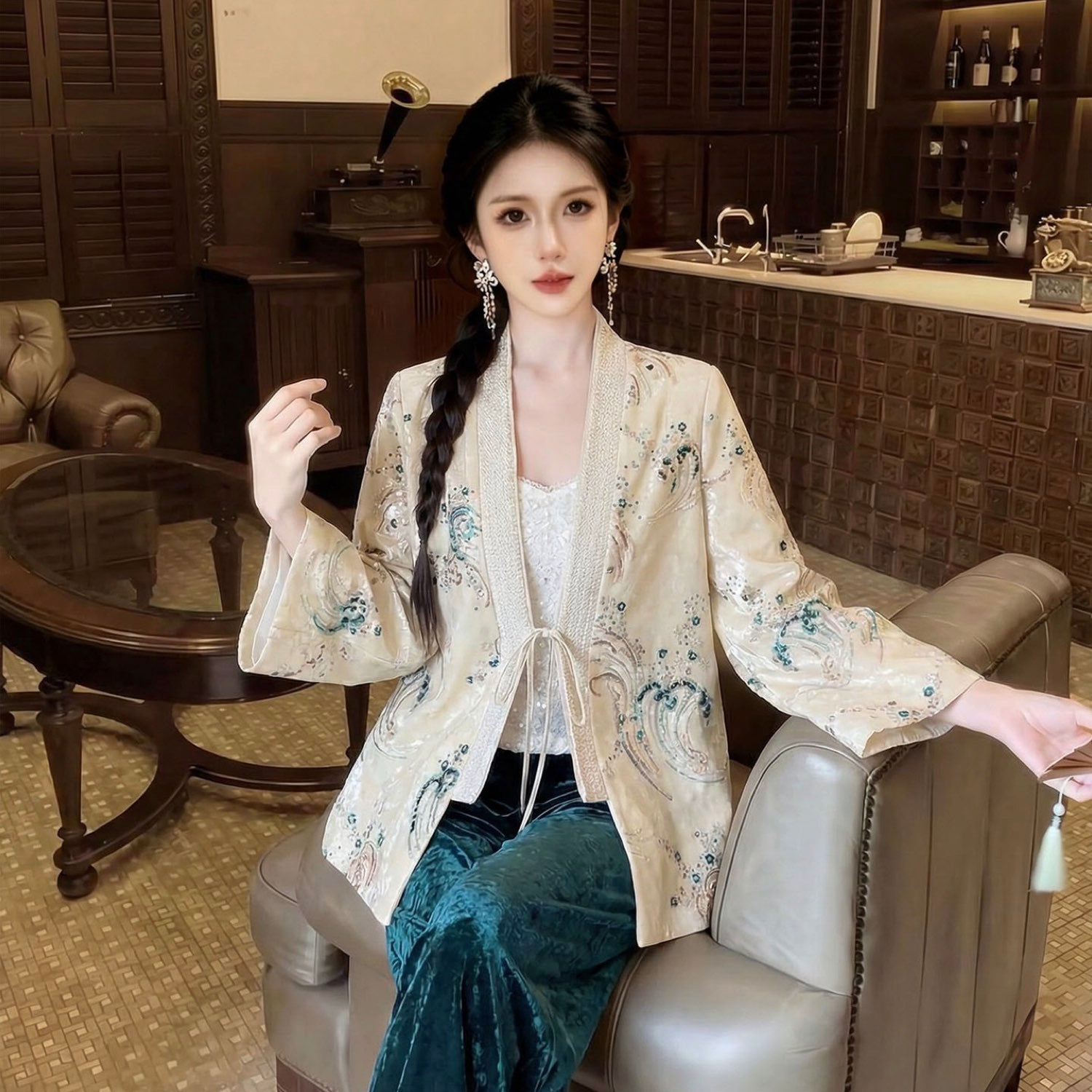 Beige Wave Pattern Cardigan Chinese-Inspired Style Women Top