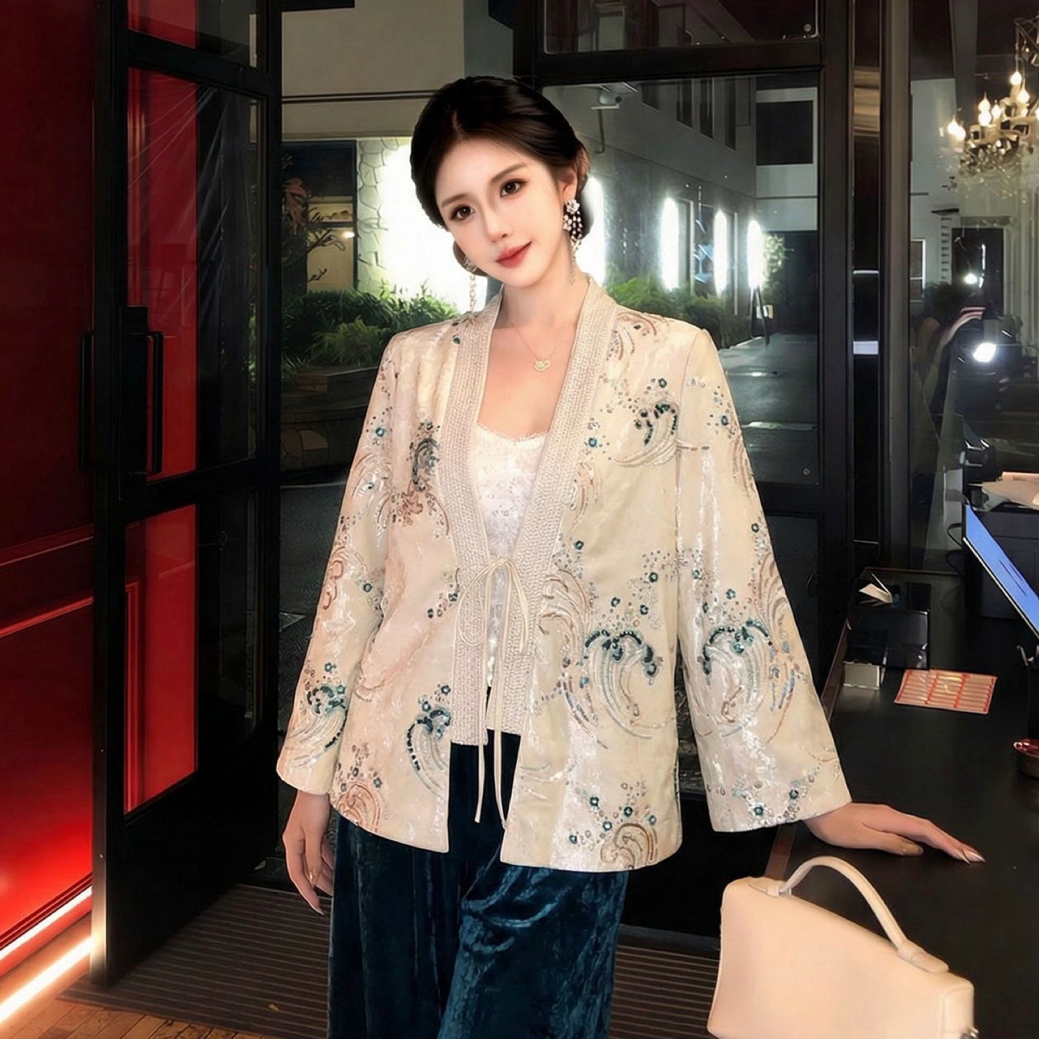 Beige Wave Pattern Cardigan Chinese-Inspired Style Women Top