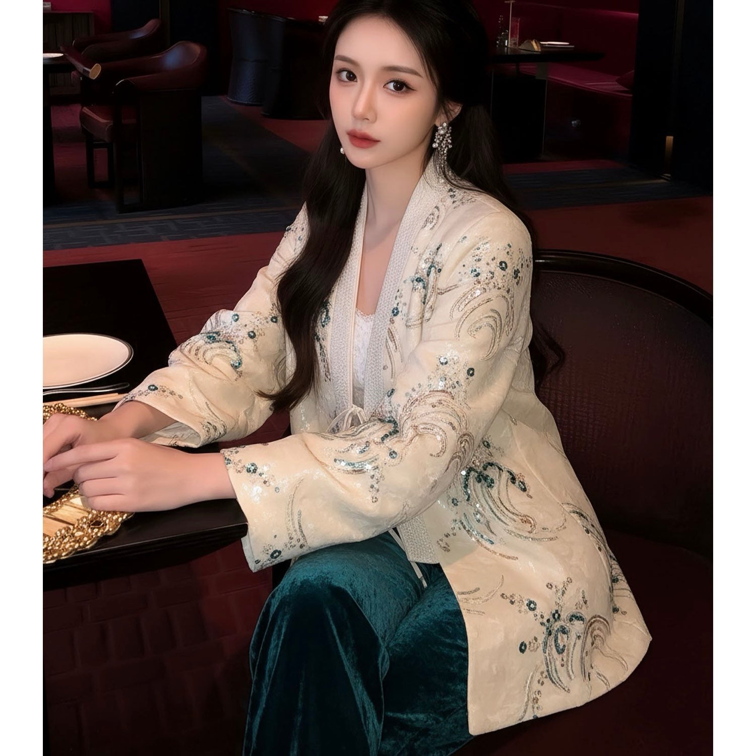 Beige Wave Pattern Cardigan Chinese-Inspired Style Women Top