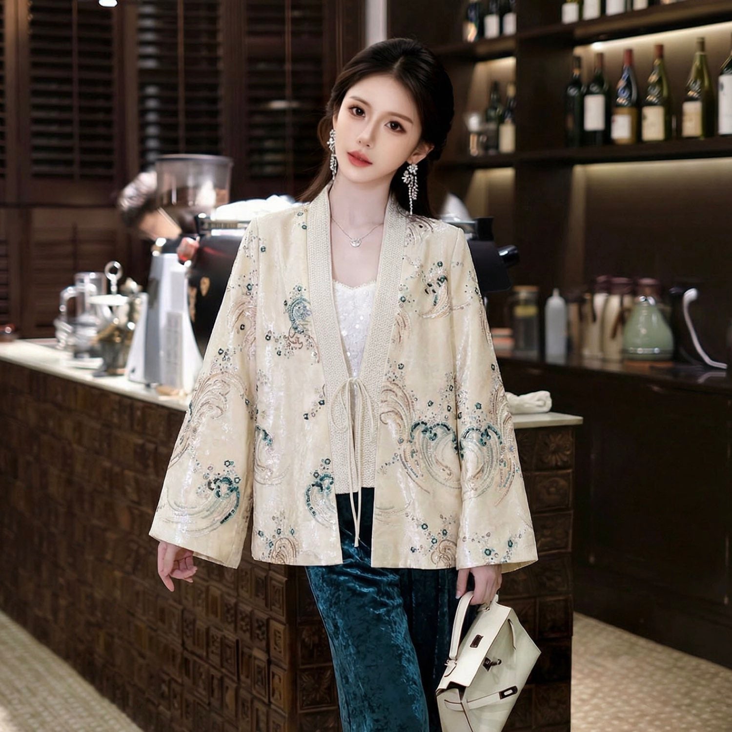 Beige Wave Pattern Cardigan Chinese-Inspired Style Women Top
