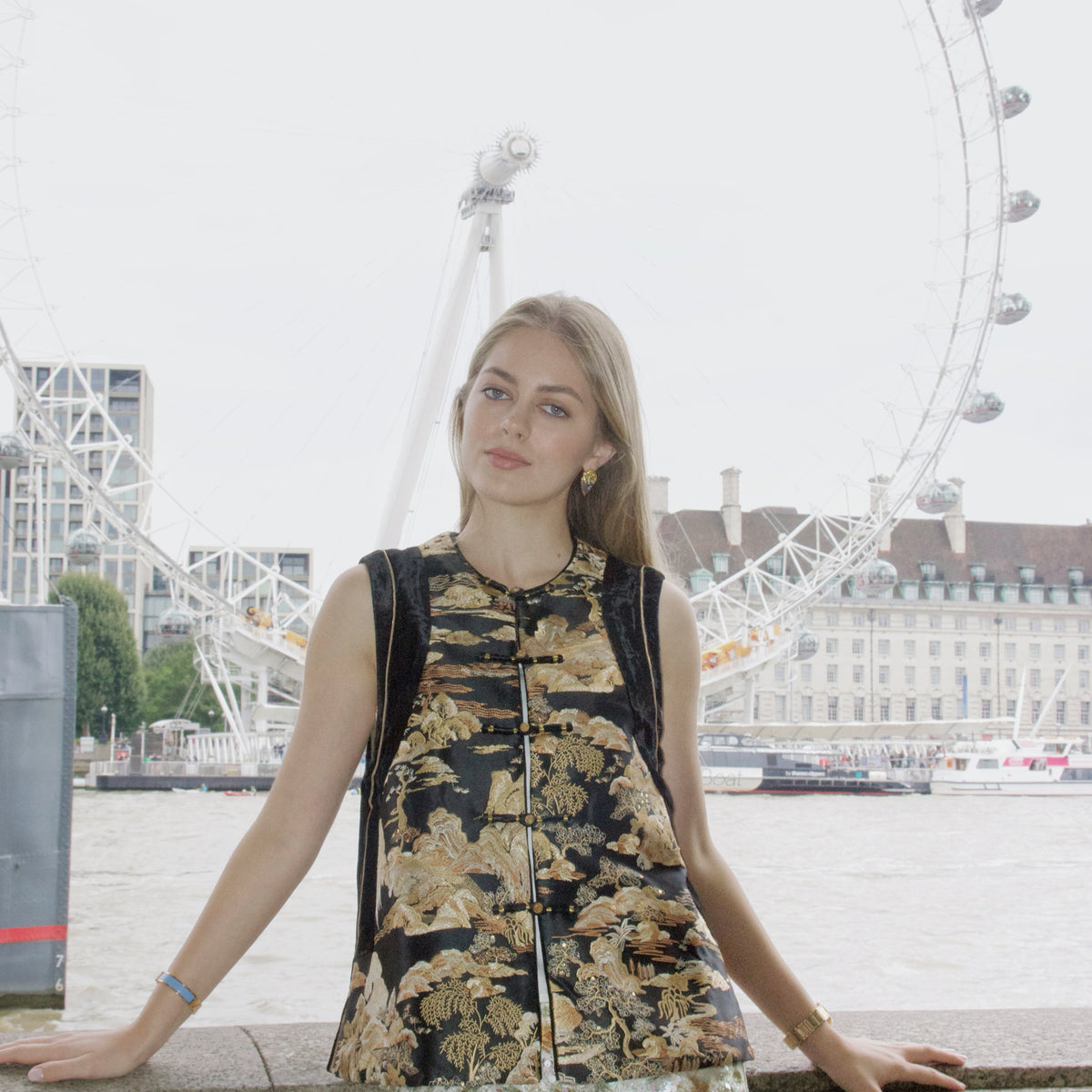 Poetic Landscape Embroidered Vest Gold  Black