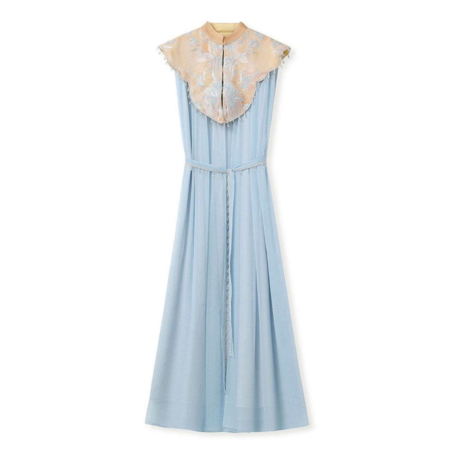 Embroidered Collar Blue Mid-Length Dress