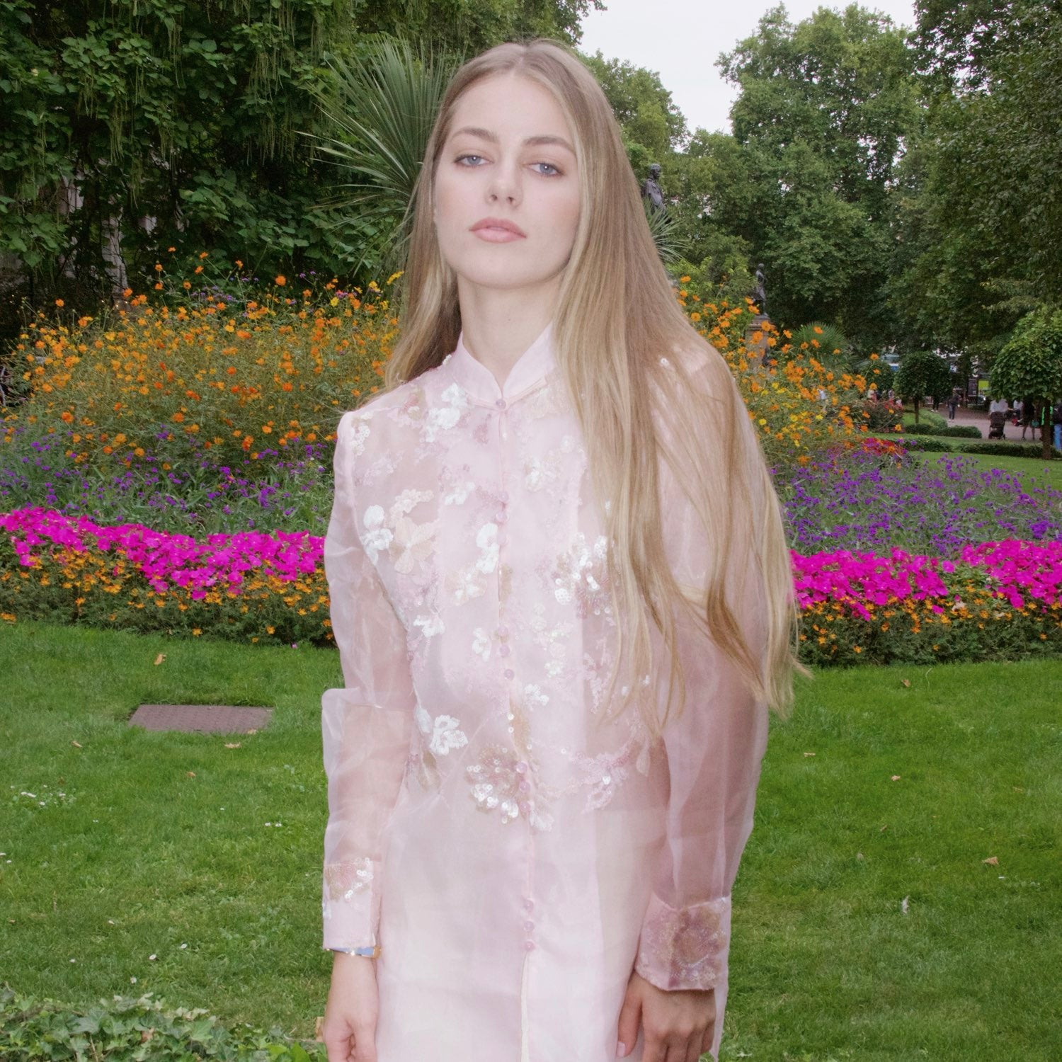 Embroidered Sheer Pink Floral Shirt