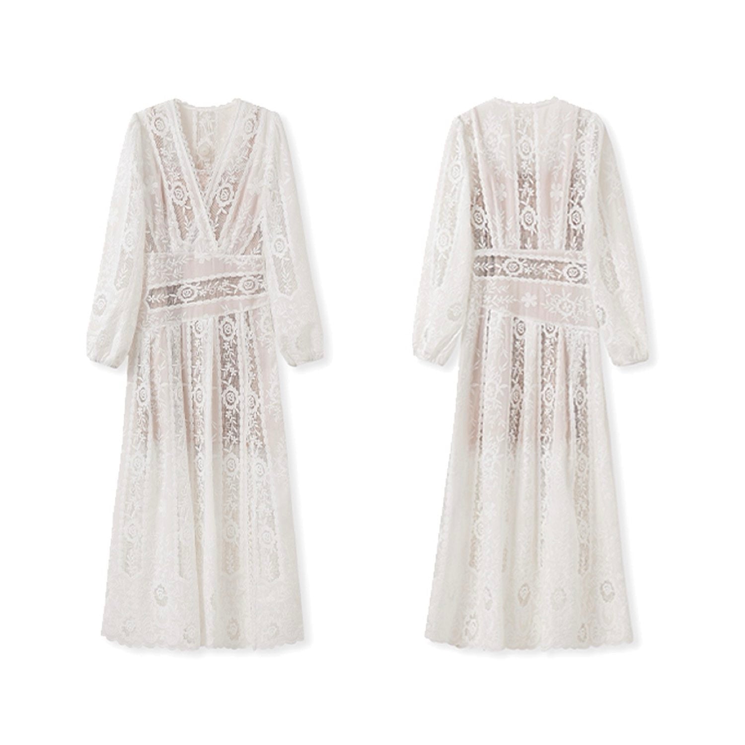 Embroidery Elegant Lance Maxi Dress Cream White