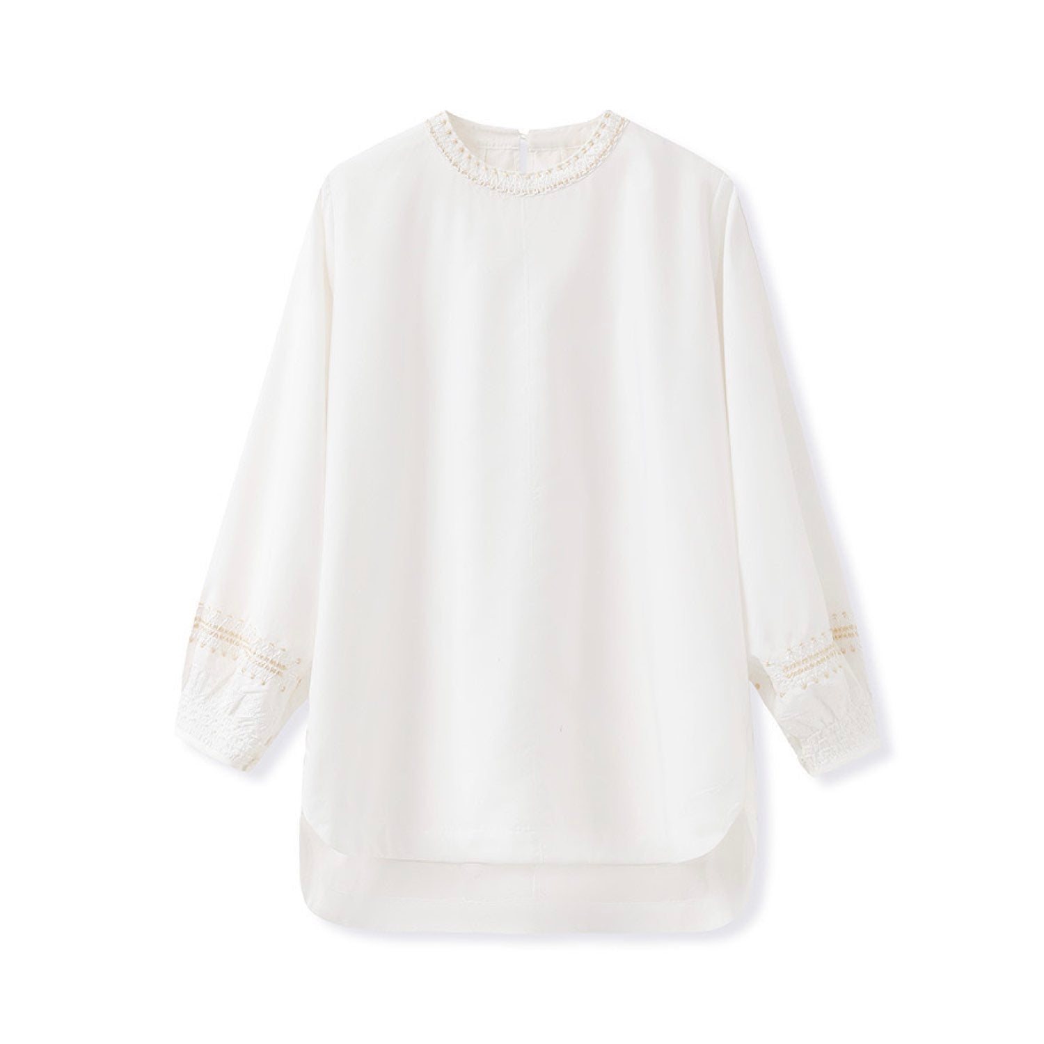 Embroidery Elegant Lance Round Neck White Shirt