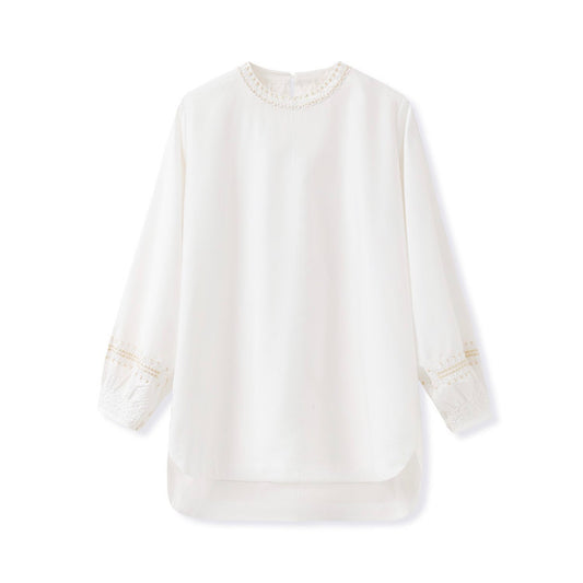 Embroidery Elegant Lance Round Neck White Shirt