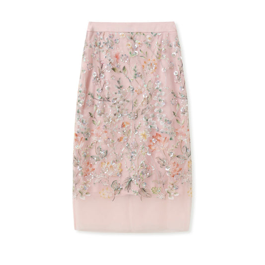 Embroidered 3D Pink Flower Skirt Evening Mid Dress