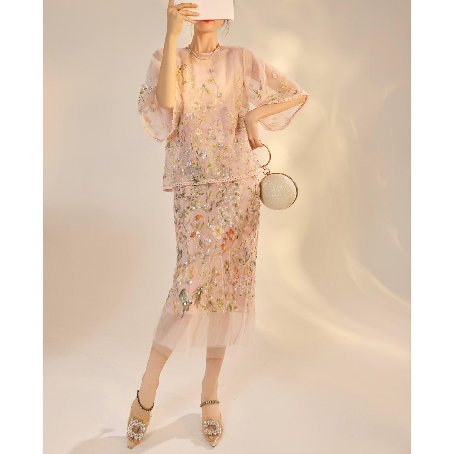 Embroidered 3D Flower Skirt Evening Mid Dress