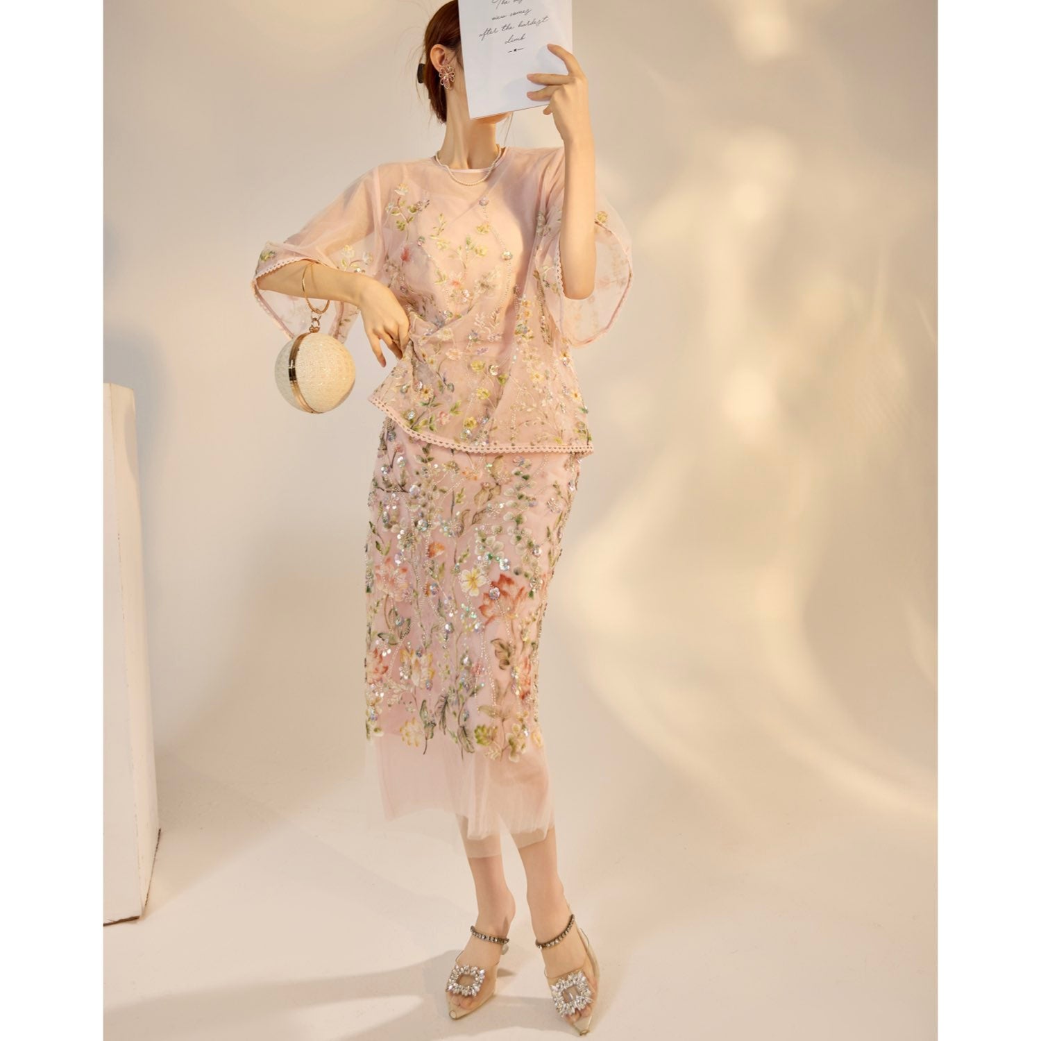 Embroidered 3D Flower Skirt Evening Mid Dress