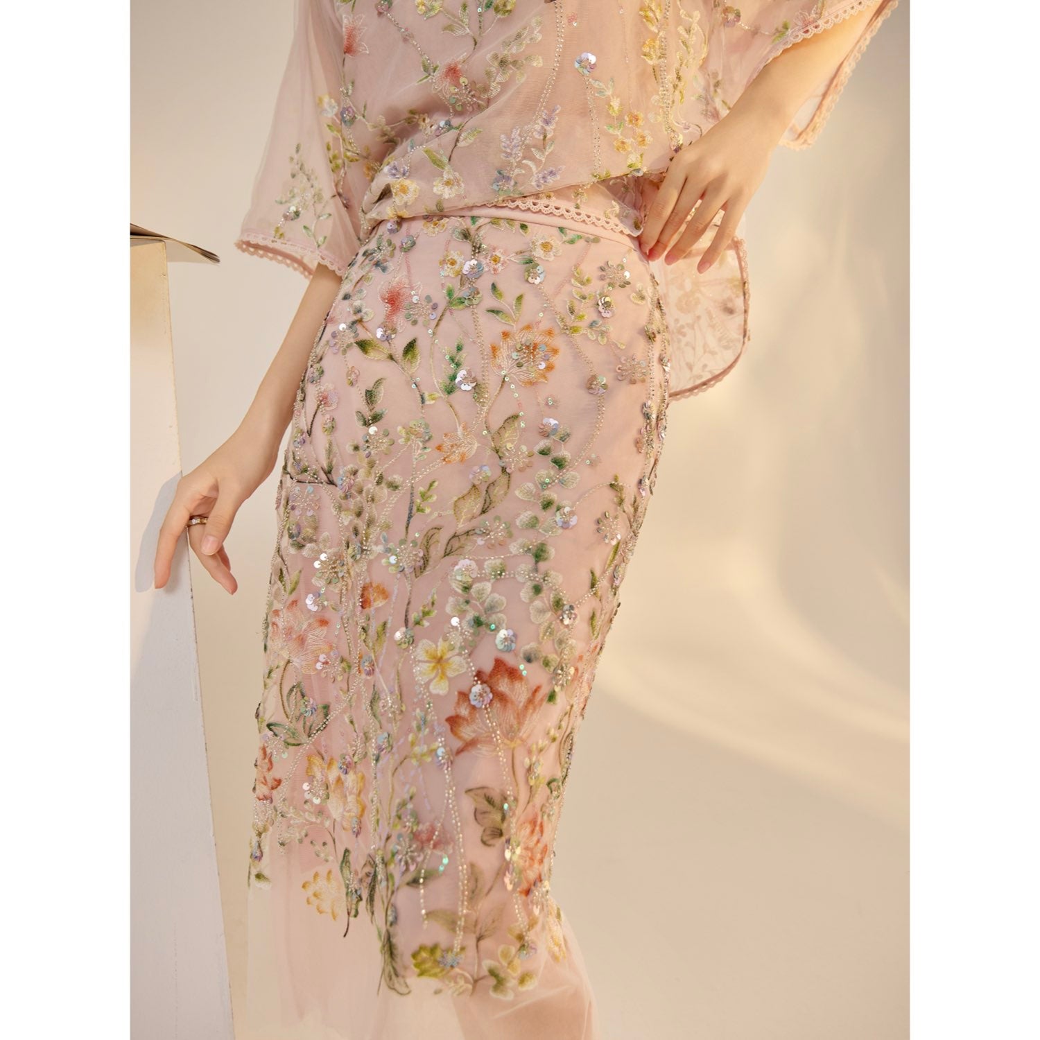 Embroidered 3D Flower Skirt Evening Mid Dress