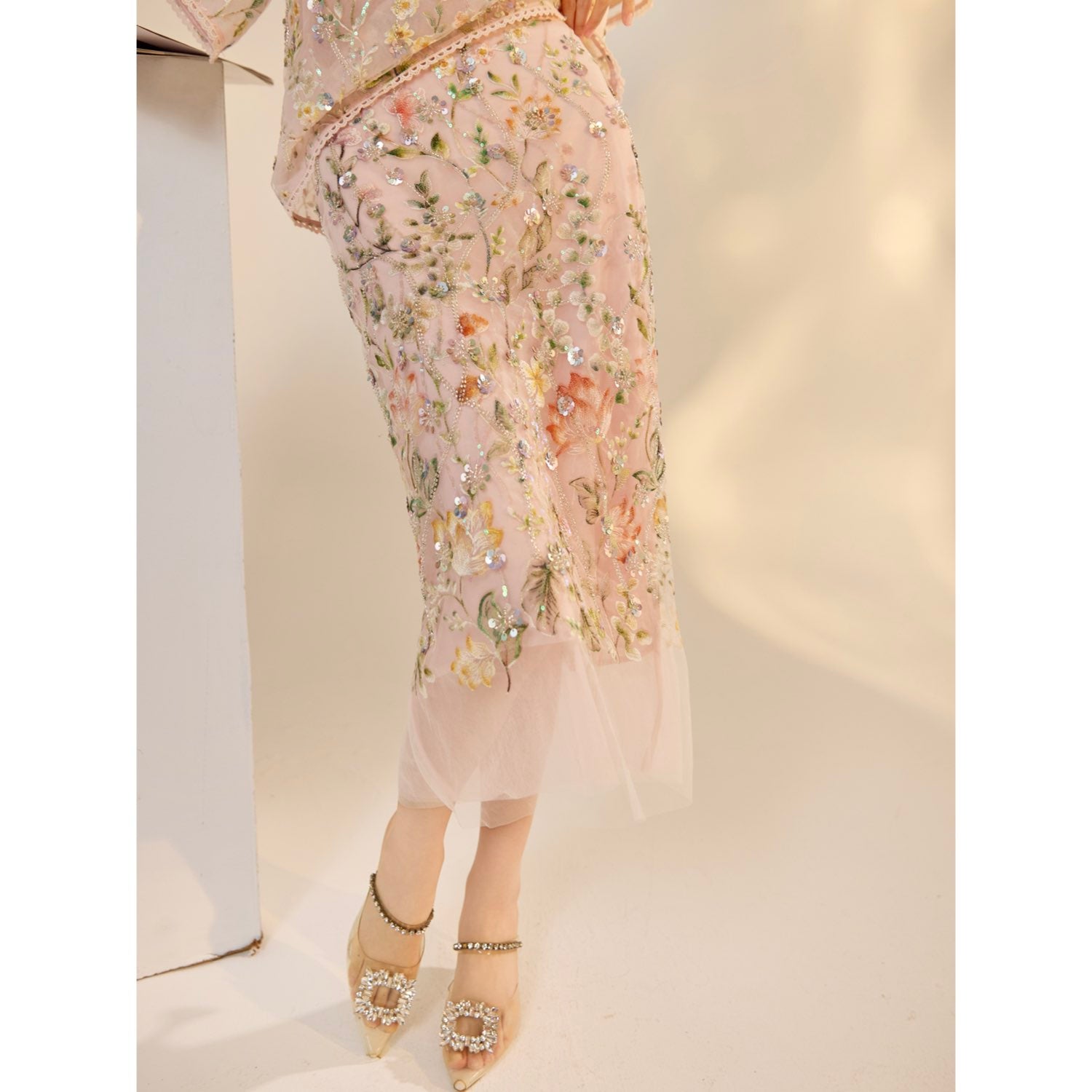 Embroidered 3D Flower Skirt Evening Mid Dress