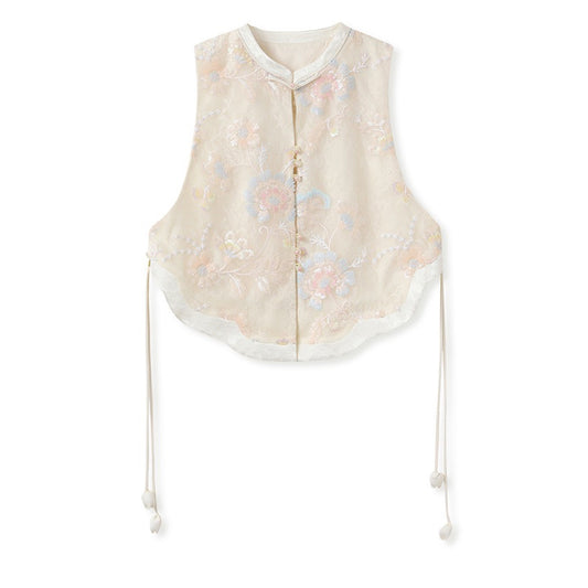 Poetic Embroidery Side Tie Sheer Floral Vest in Translucent Cream